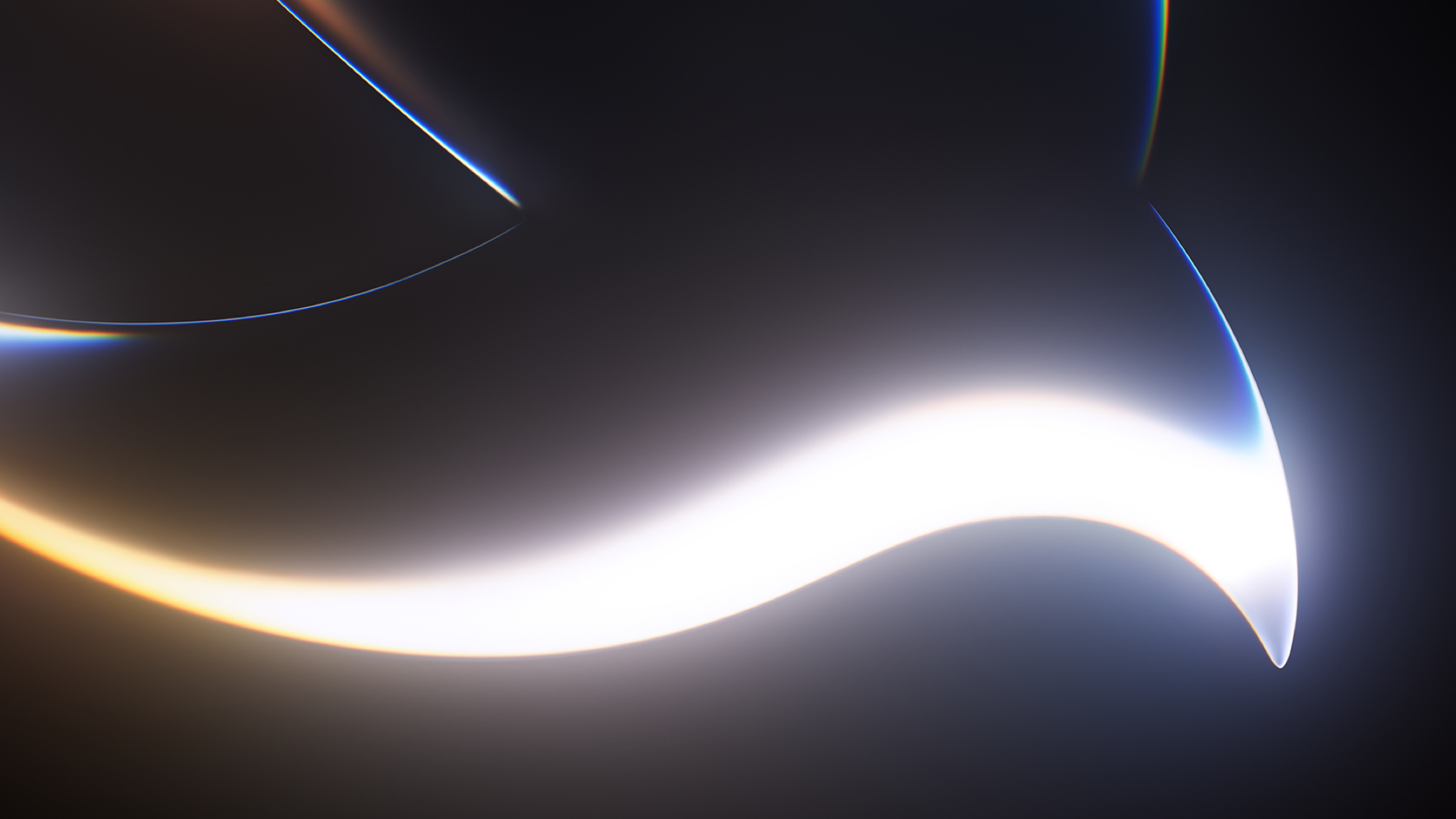A sweeping, luminous wave of white and warm amber light curves gracefully across a deep navy background, evoking a sense of fluid motion. Slender, blade-like forms with iridescent, prismatic edges arc through the upper portion of the frame, casting subtle spectral color along their curves.