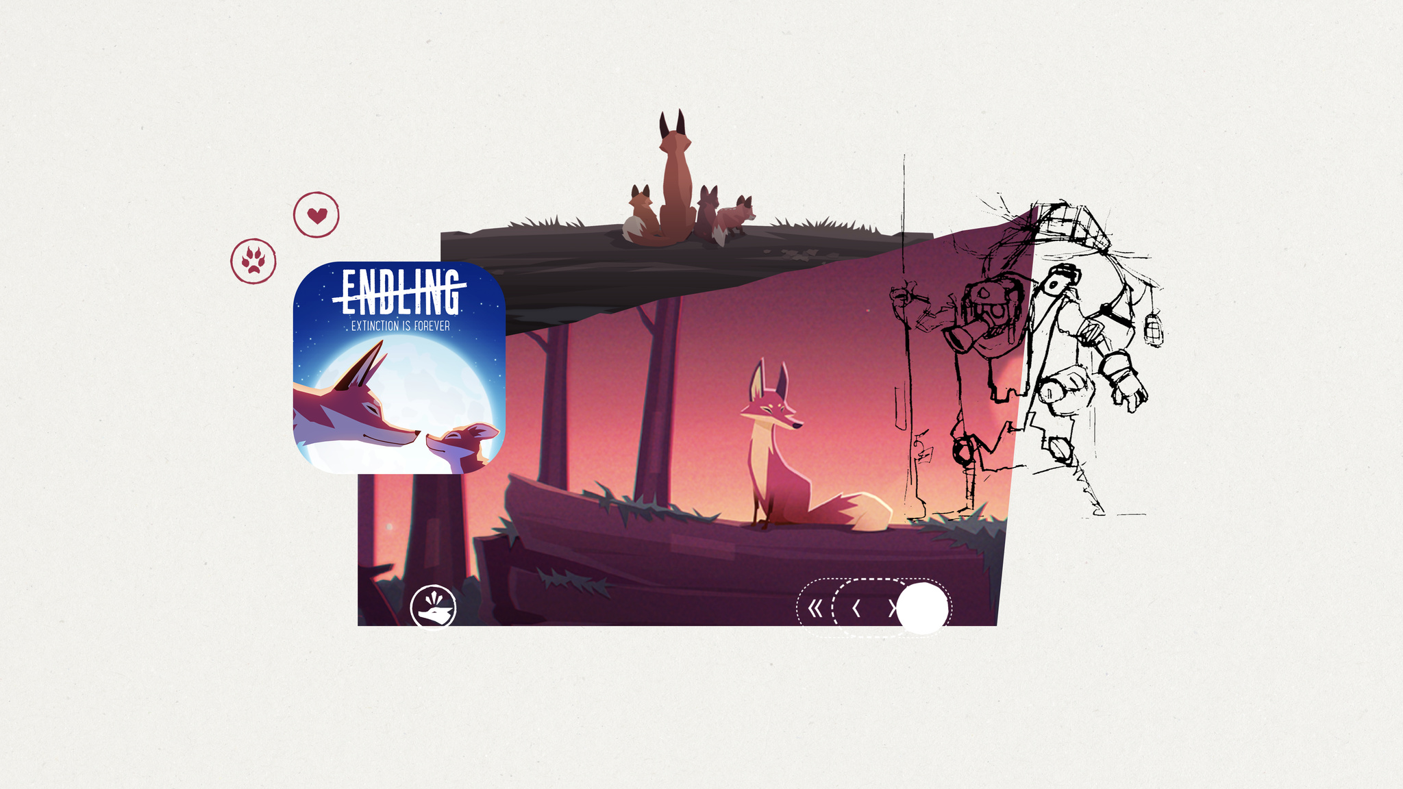 A collage of art elements from the Apple Design Award-winning Game, Endling.