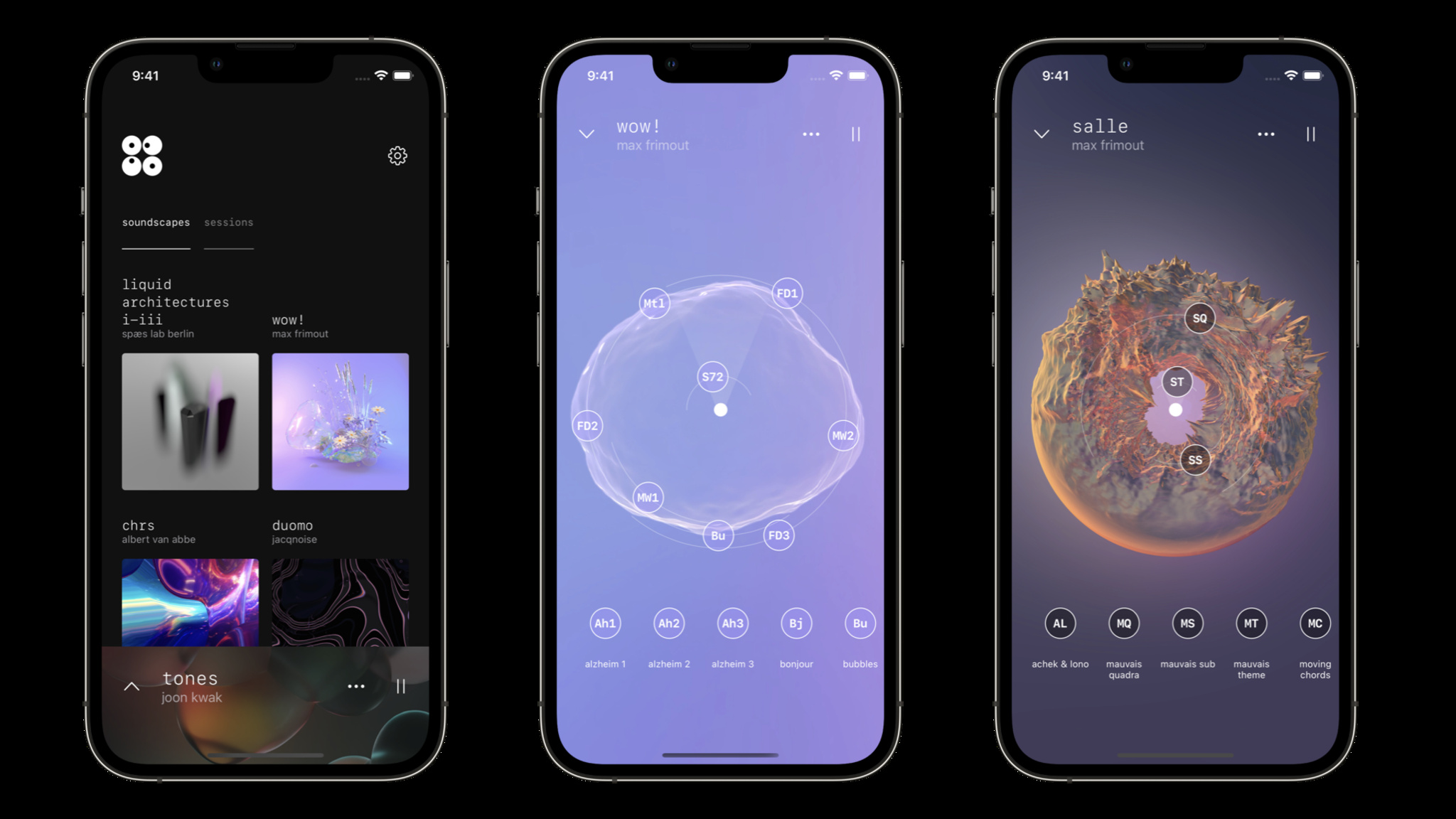 Three iPhone screenshots of odio soundscapes