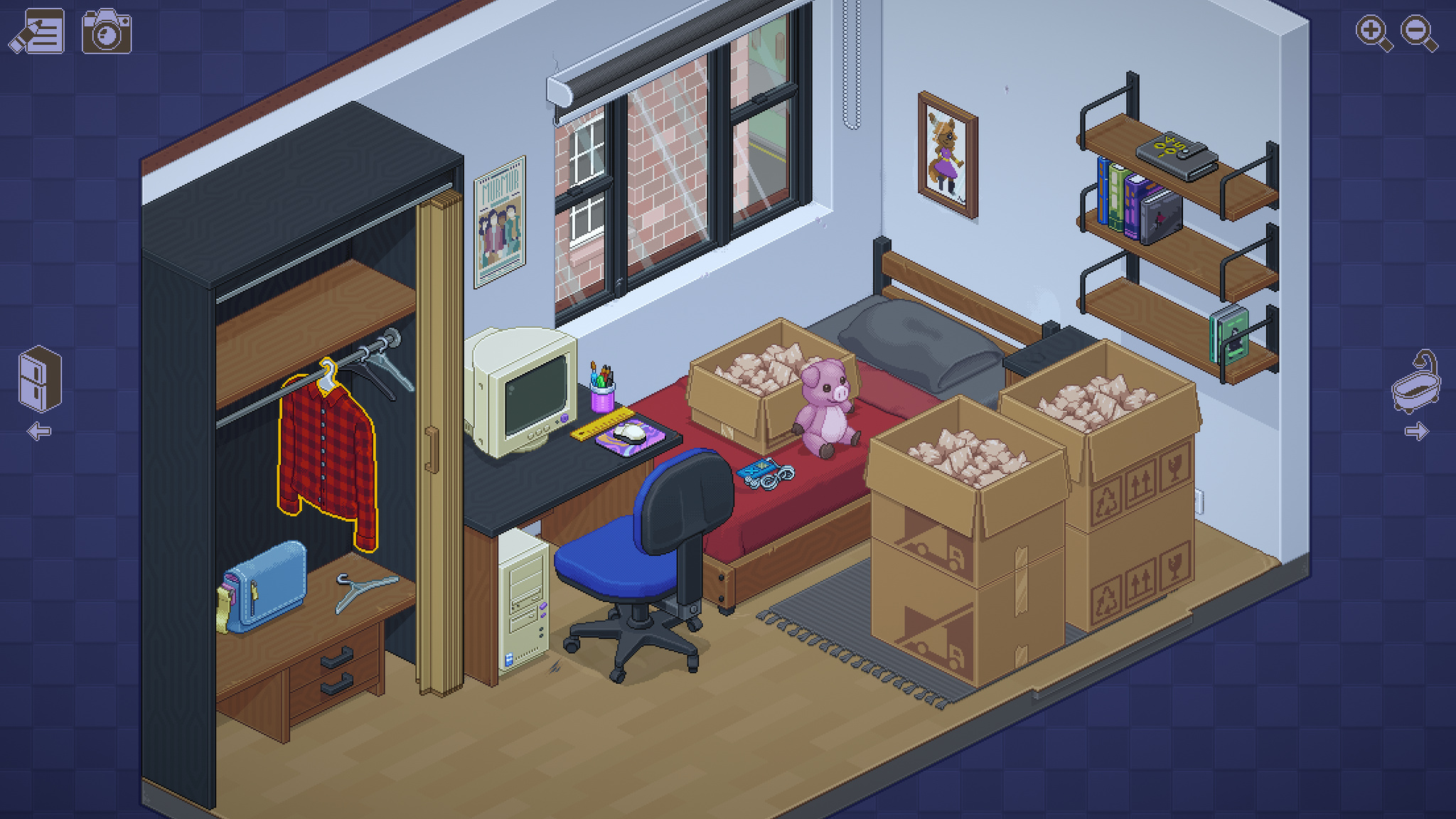 A screenshot from Unpacking, which looks down on a single room that contains a bed, computer table, closet, shelves, and several unpacked boxes.