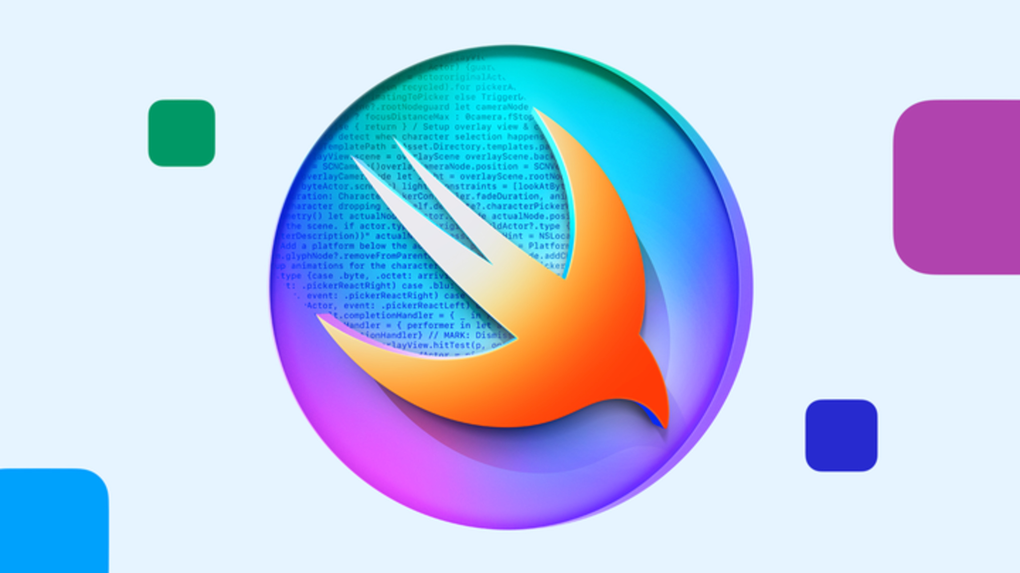 The Swift logo (orange swift bird) on a colorful circle with code behind