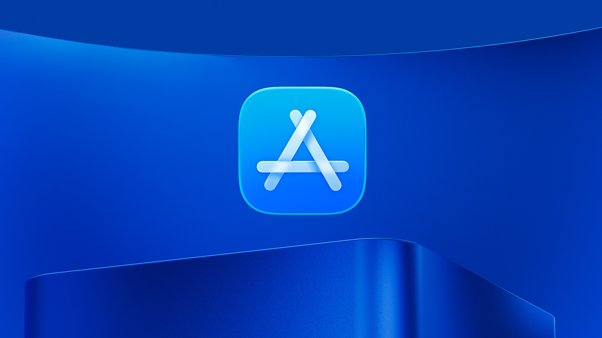 A white App Store logo set against a deep blue background