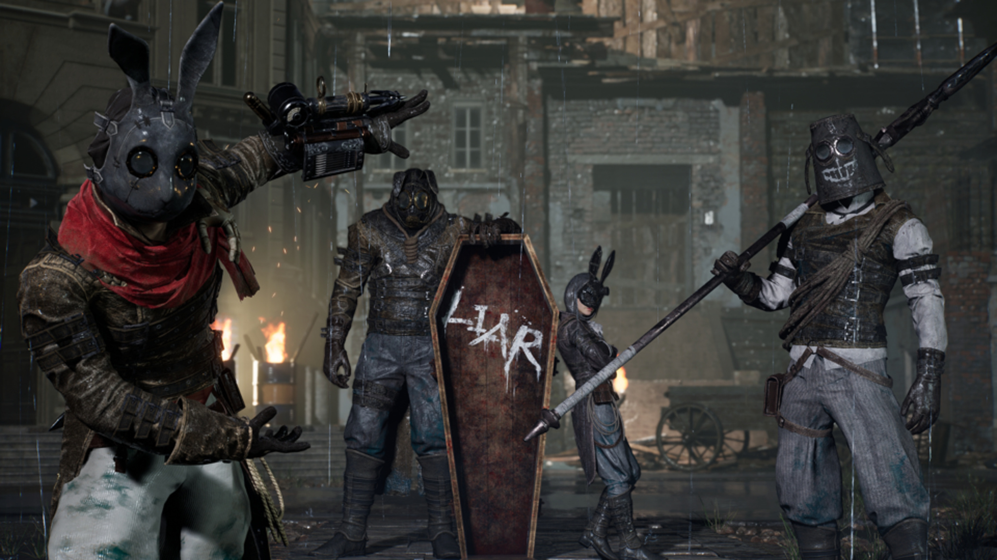 In a screenshot from Lies of P, four terrifying-looking characters in masks and makeshift armor converge around a coffin emblazoned with the word LIAR. 