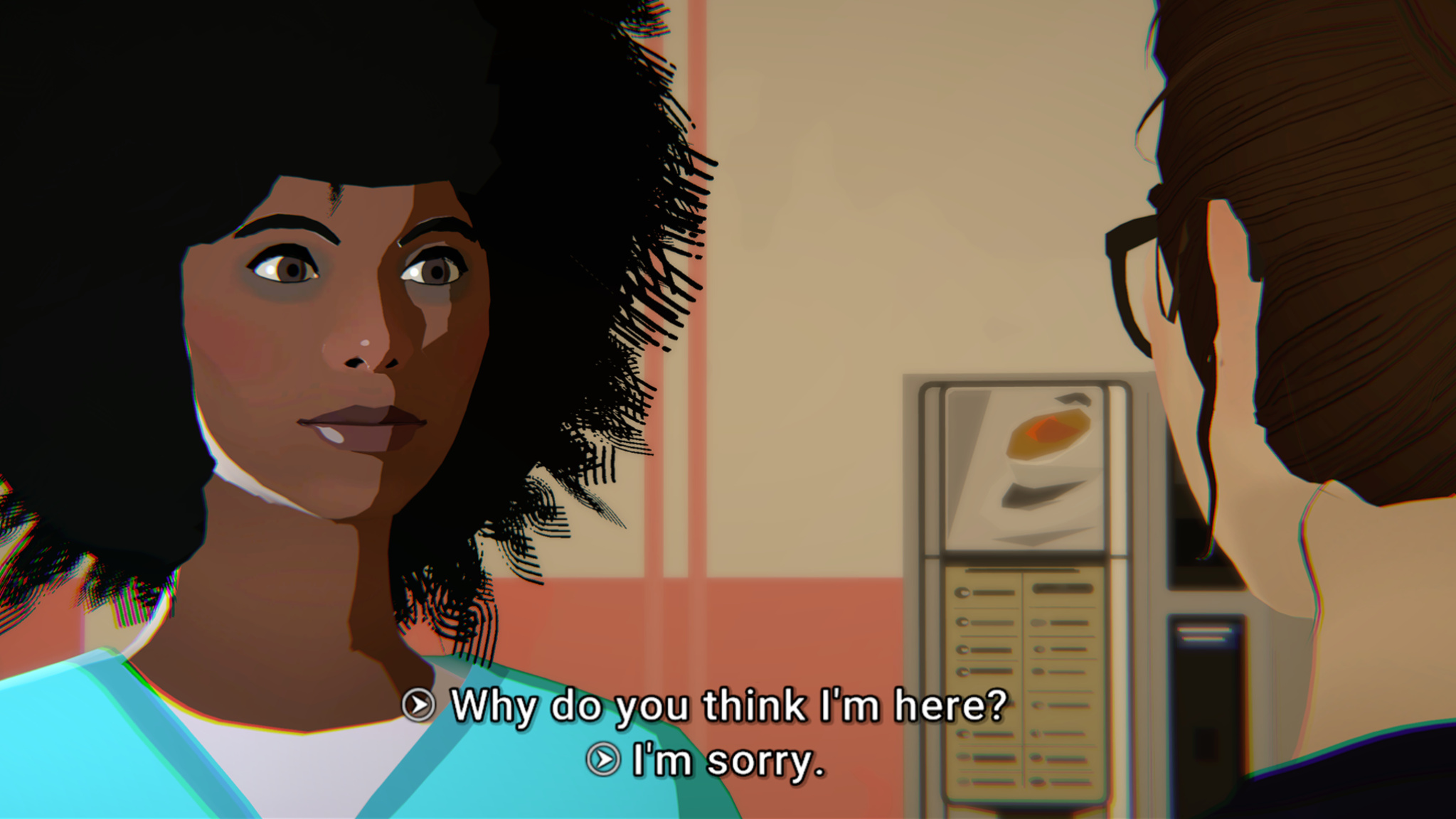 In this screenshot from The Wreck, a nurse with black hair wearing blue scrubs talks to the main character, Junon, in a hospital hallway. Dialogue on the screen says,
