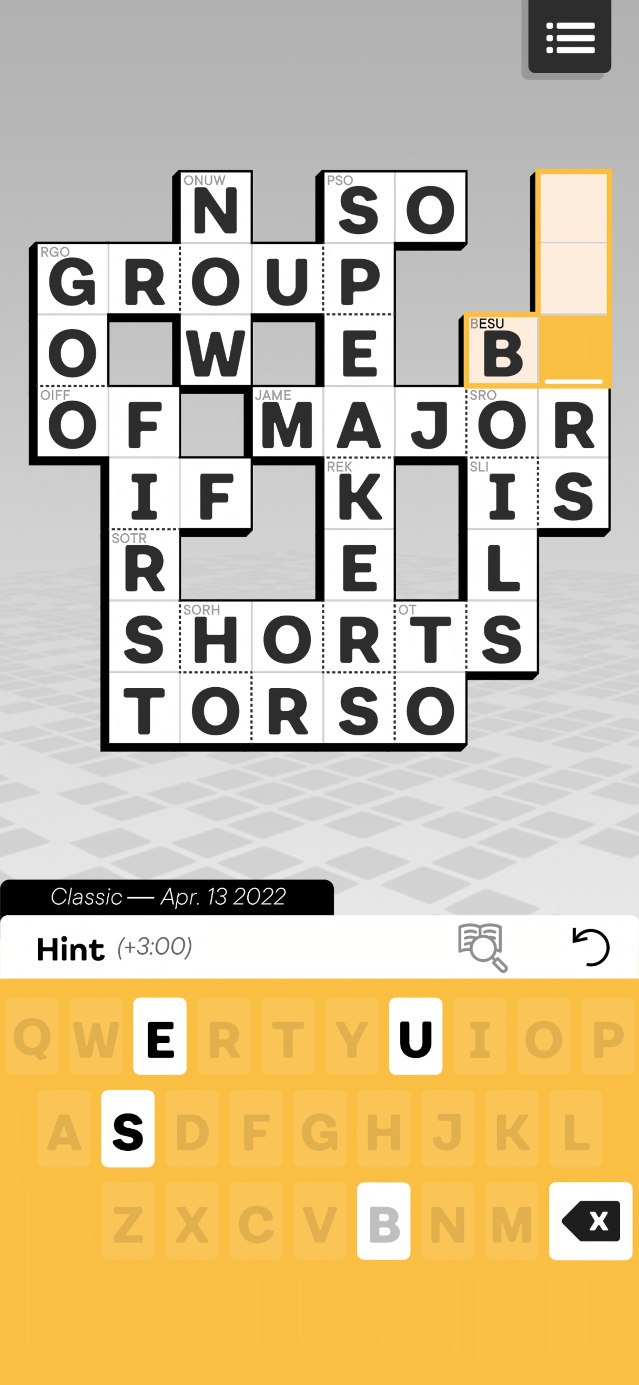 A mostly completed Knotwords game screen — which resembles a small crossword puzzle — above a keyboard.