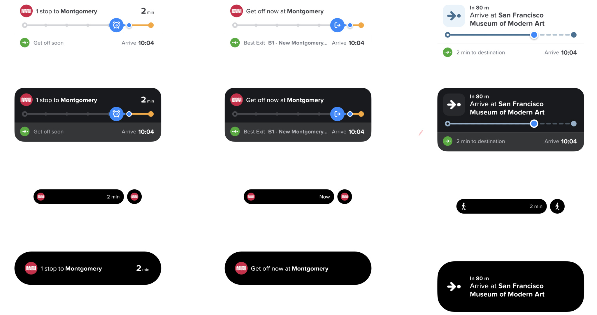 A screenshot of Citymapper’s Dynamic Island, which shifts based on where you are in your journey, in this case on your train (left), at your stop (center), and walking to your destination (right).