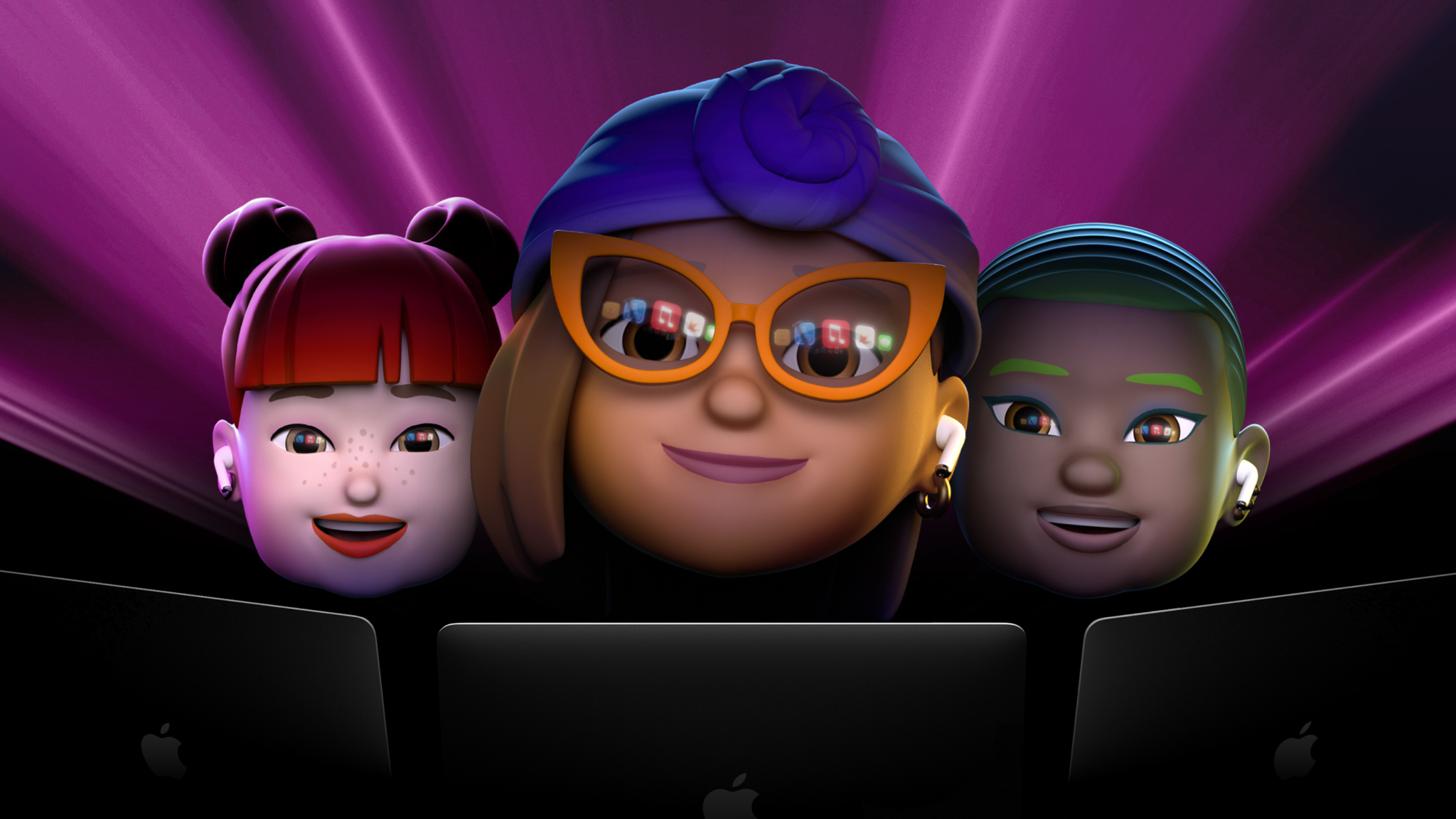 Three Memoji on a black and purple background