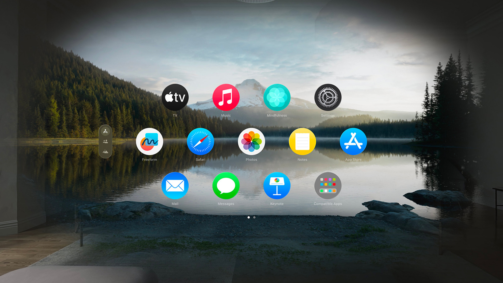 In this Apple Vision Pro screenshot, 13 circular app icons appear over a background image that depicts a lake, mountain, and forest.