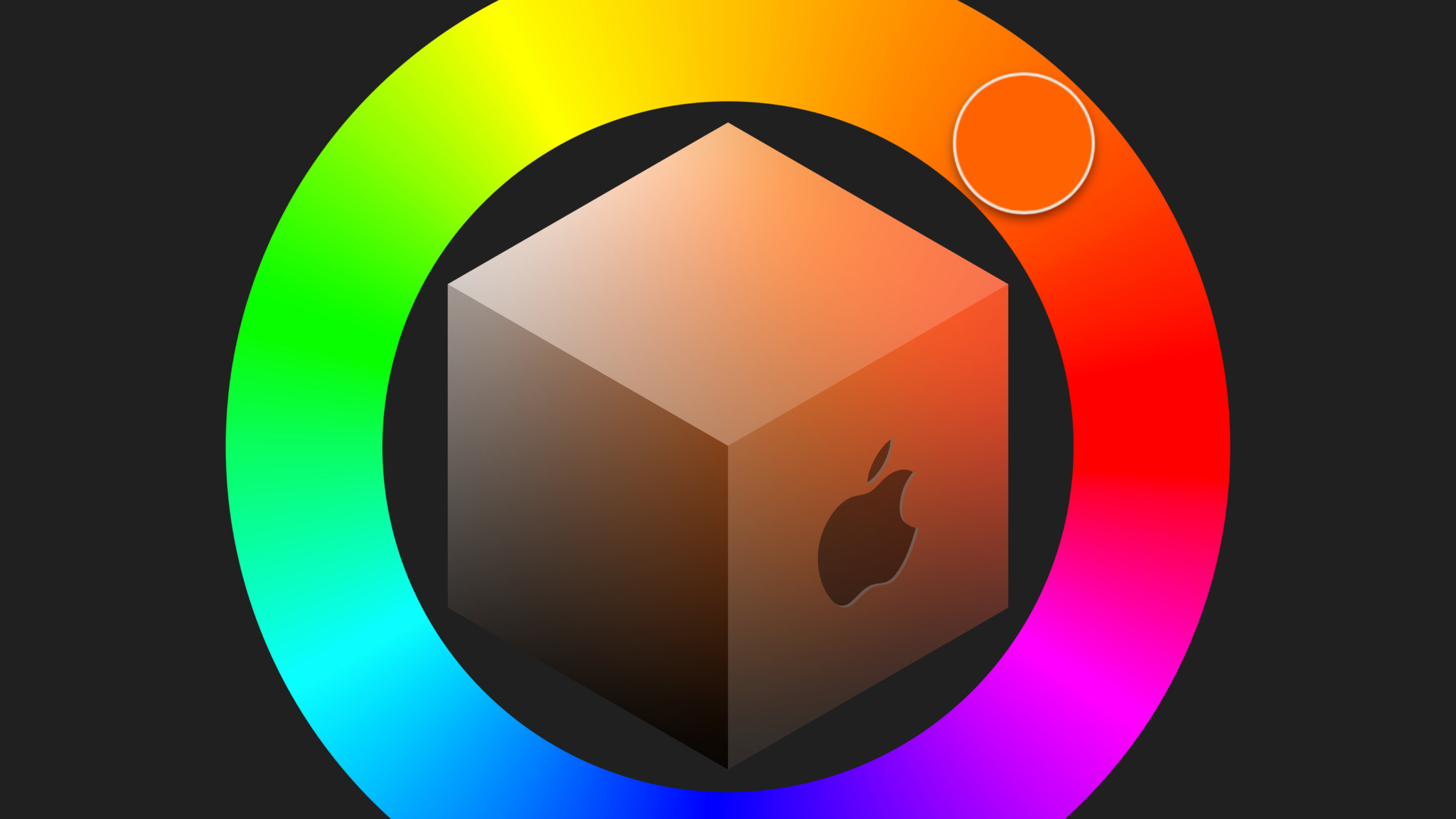 Cube with a color wheel around and apple logo on the side