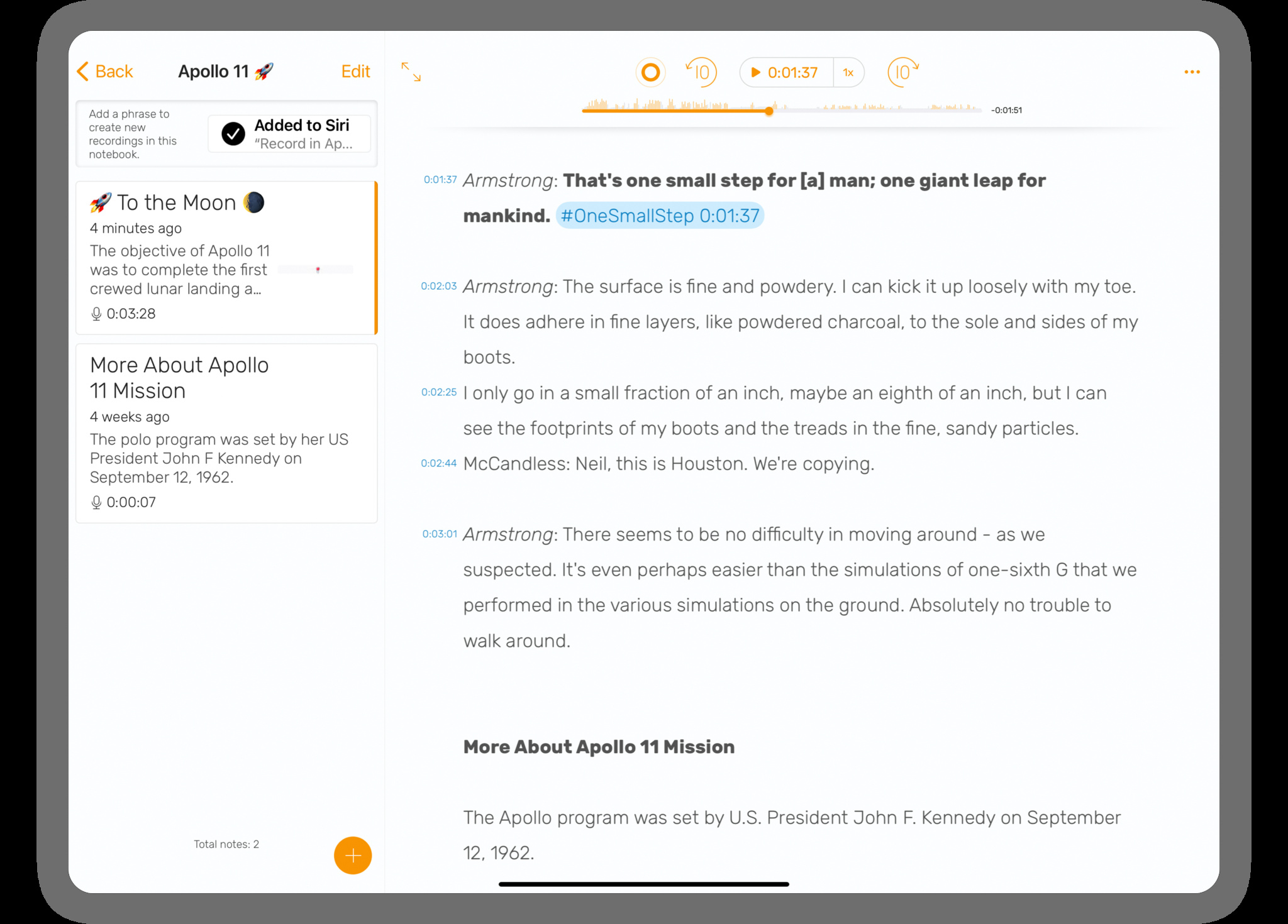 Add time stamps and hashtags to key moments in your recordings.