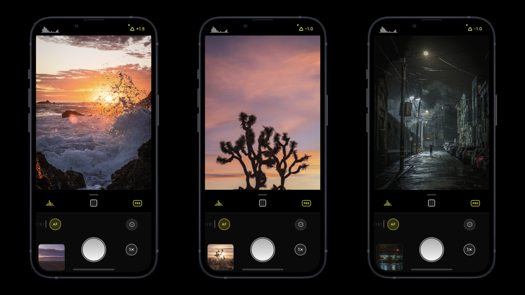 Three screenshots of Halide that show photos of waves crashing on rocks at sunset, a Joshua tree in the desert, and a nighttime cityscape.