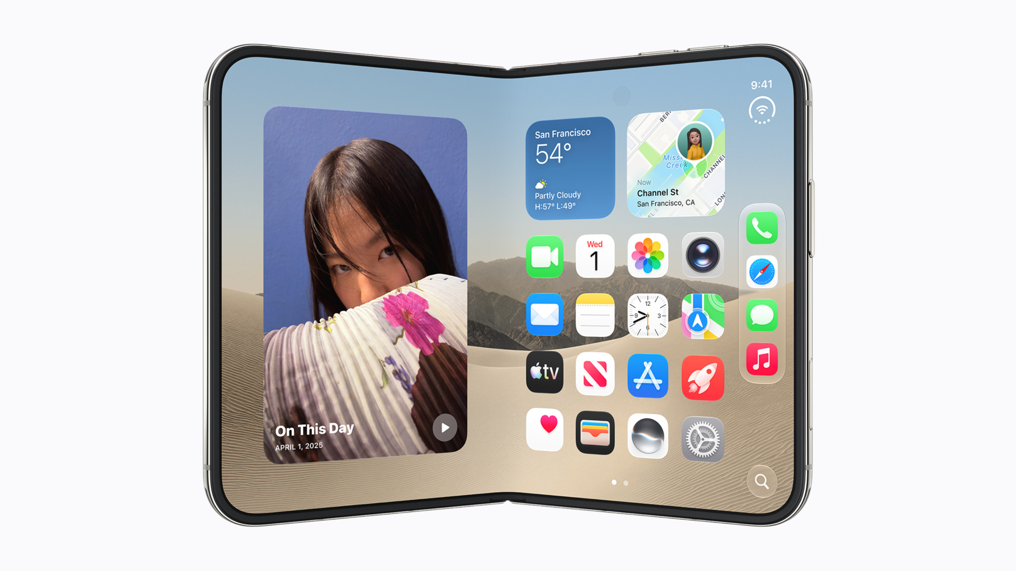 iPhone Duo partially folded showing the Home Screen and widgets across both displays.