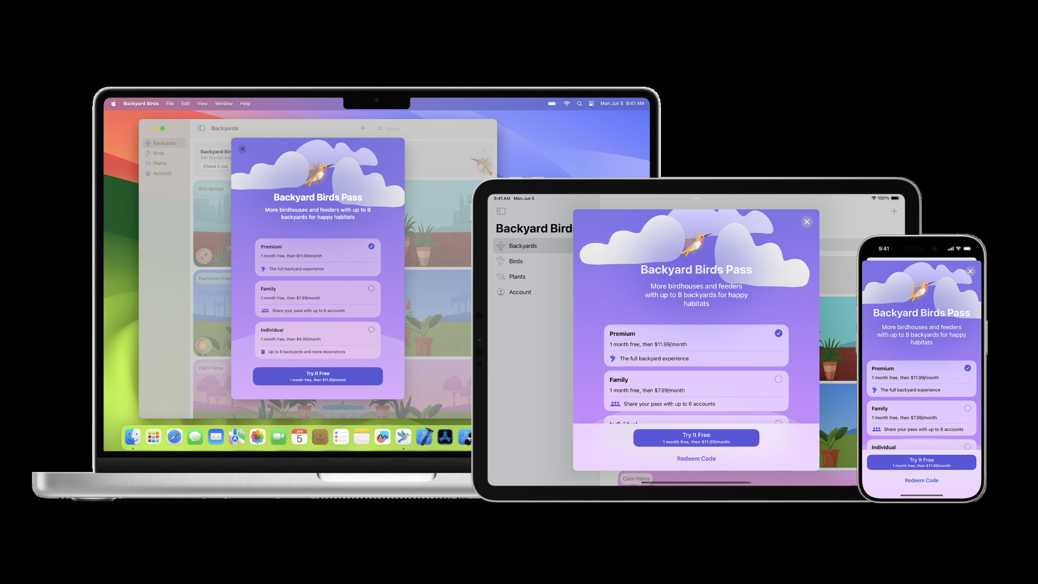 A Mac, iPad, and iPhone show the same screen for a sample app called Backyard Birds, which offers several In-App Purchase options over a light purple color scheme.