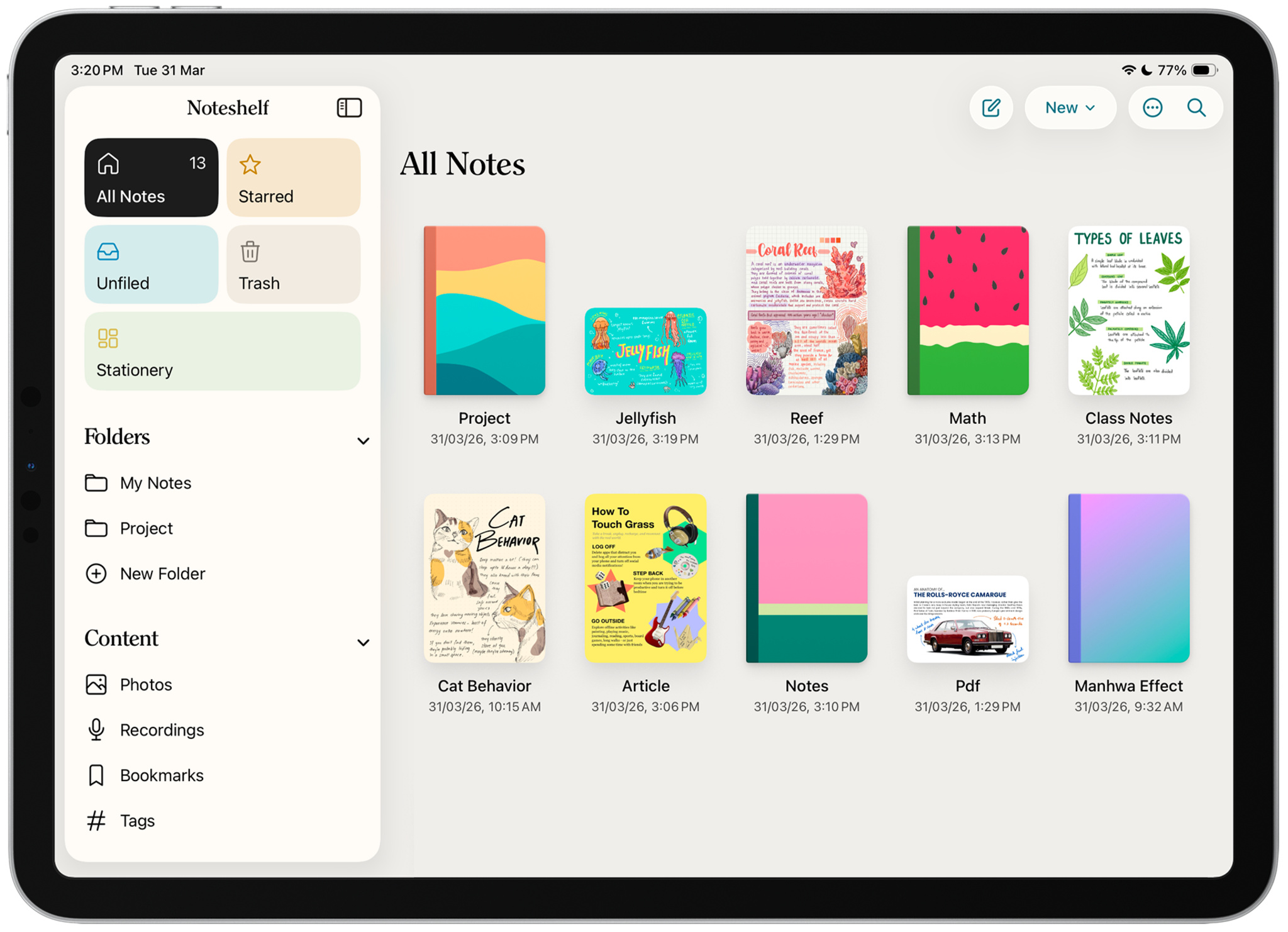 An iPad displays the home screen of the Noteshelf app, showcasing a grid of digital notebooks under the All Notes section. The sidebar on the left provides navigation folders and content filters like Photos and Recordings. The main area features customized notebook covers with titles such as Cat Behavior, Jellyfish, Math, and Class Notes.