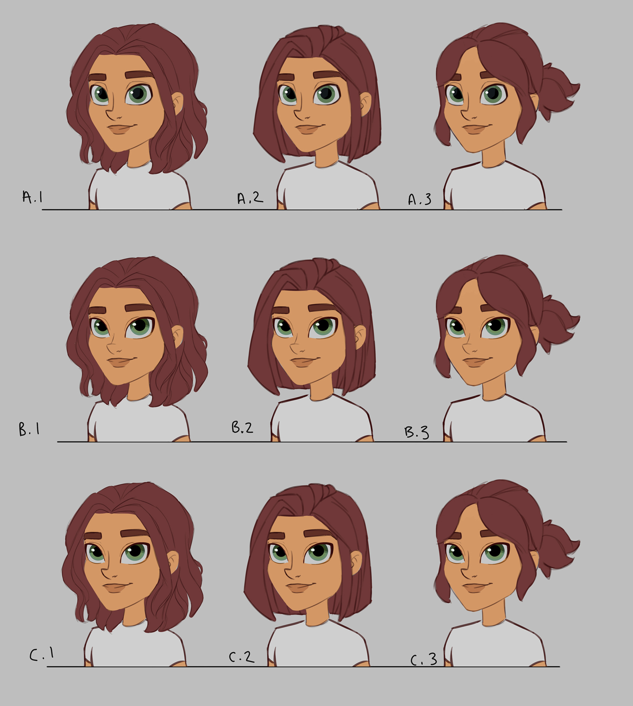 Early sketches of Tara show how the character (and her hair) evolved throughout the development process.