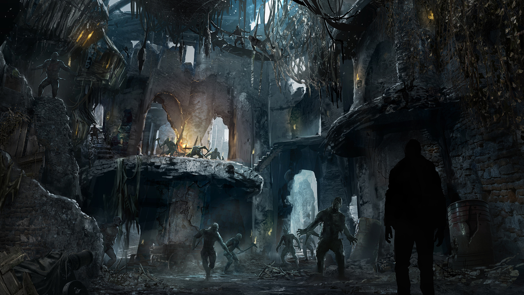 A piece of concept art from Resident Evil Village shows a large crumbling room in which the hero, Ethan Winters, ia being approached by a horde of mutant monsters.