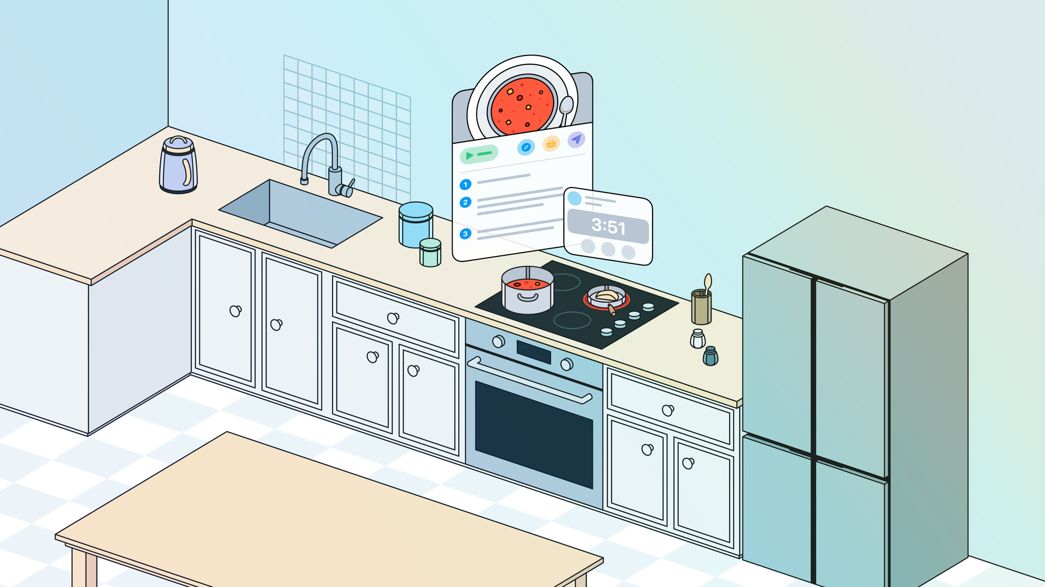 An illustration of a kitchen with teal walls and white cabinets. Two Apple Vision Pro screens float above a stove, on which sits a pot and pan.