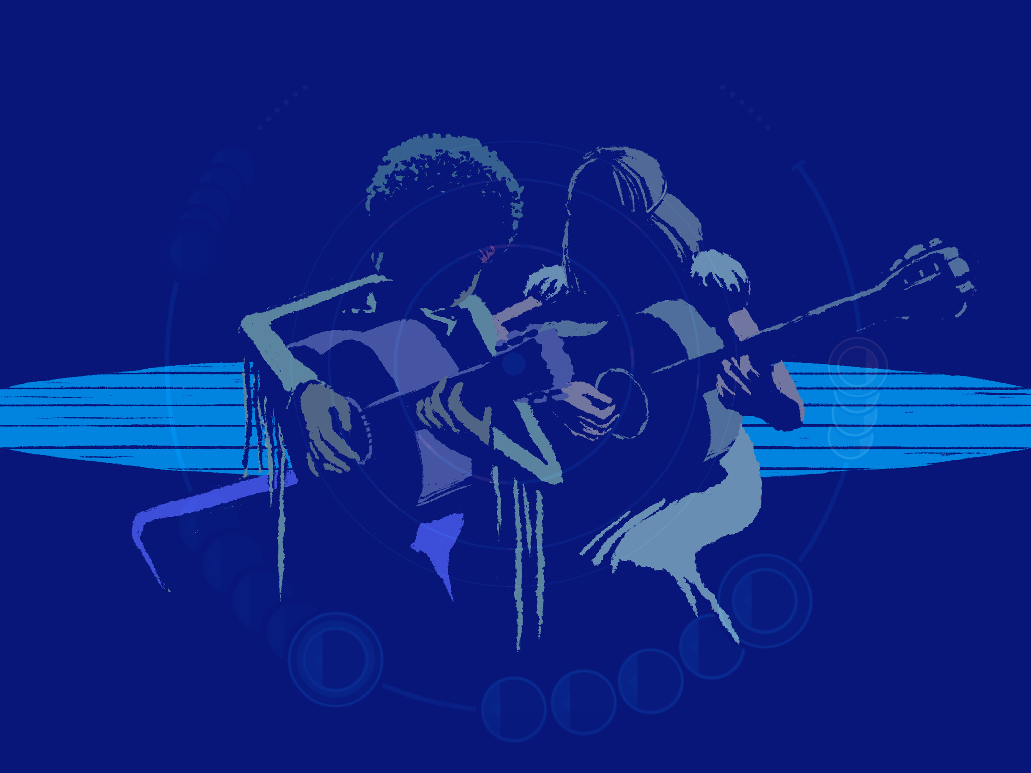 Screenshot of a musical story, two kids sitting playing guitar together