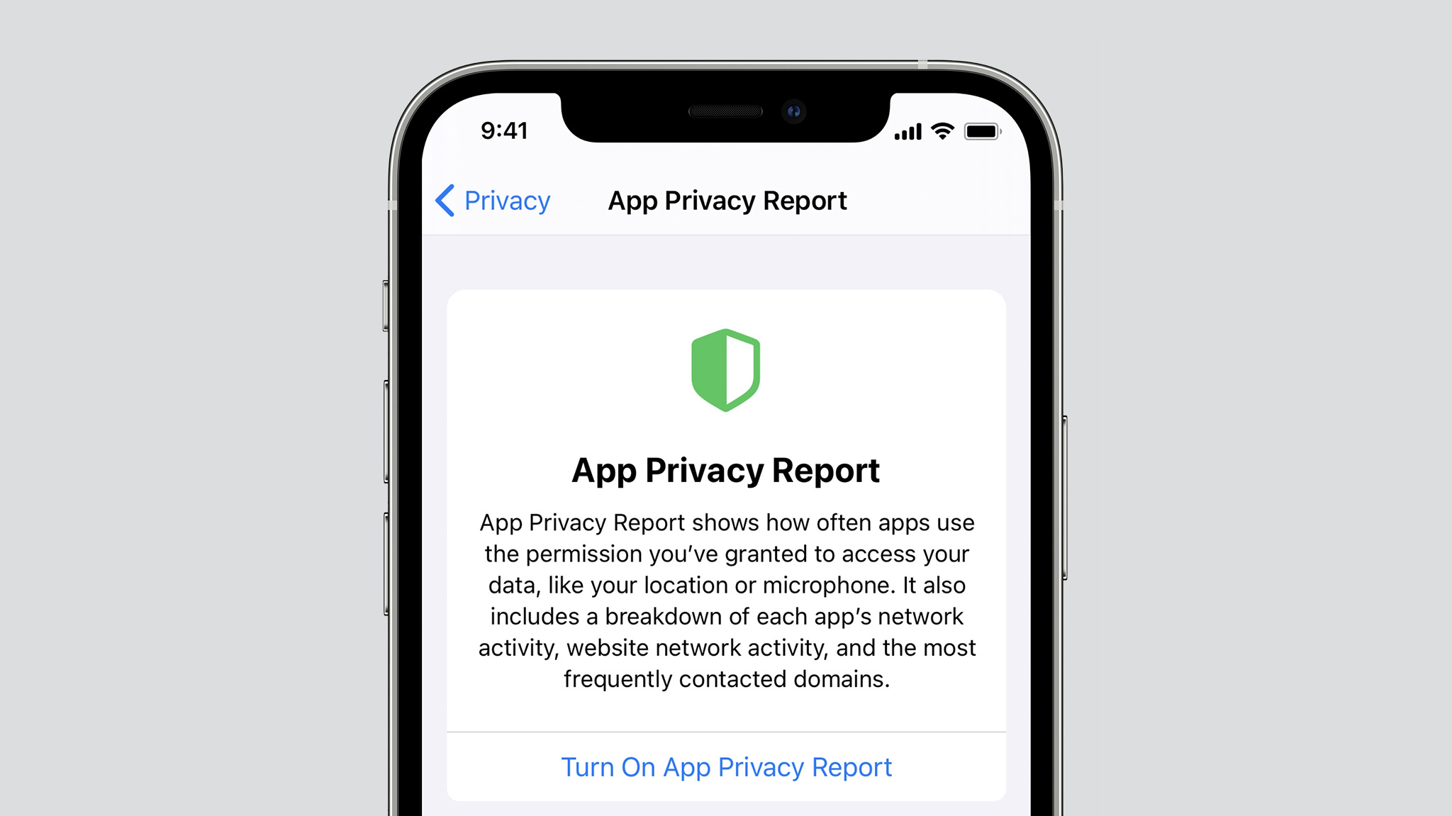 An iPhone shows the App Privacy Report screen.