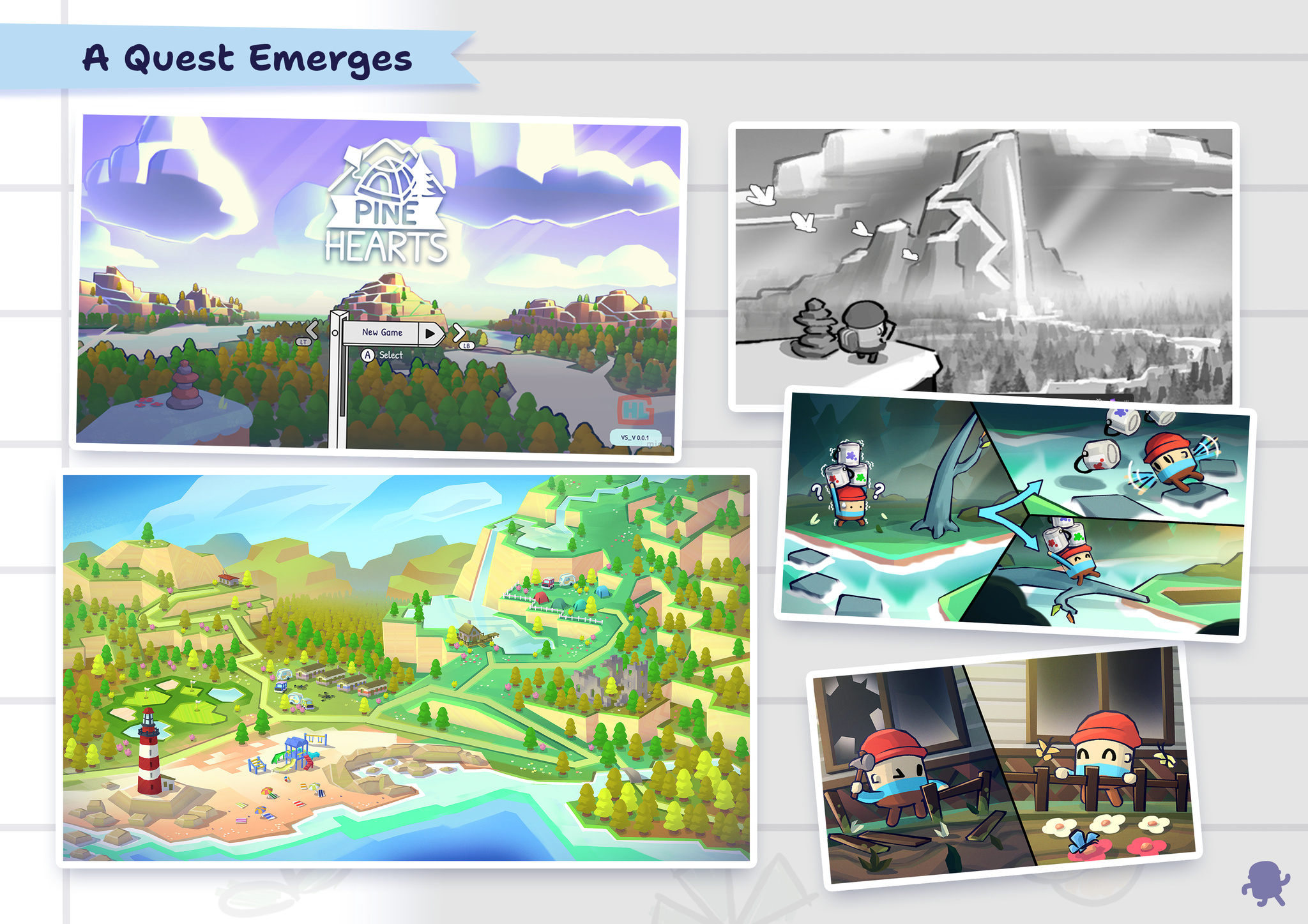 A collage of scenes from Pine Hearts titled "A Quest Emerges," showing the title screen, an isometric campsite map, and gameplay and concept art featuring small characters exploring a colorful low-poly world.