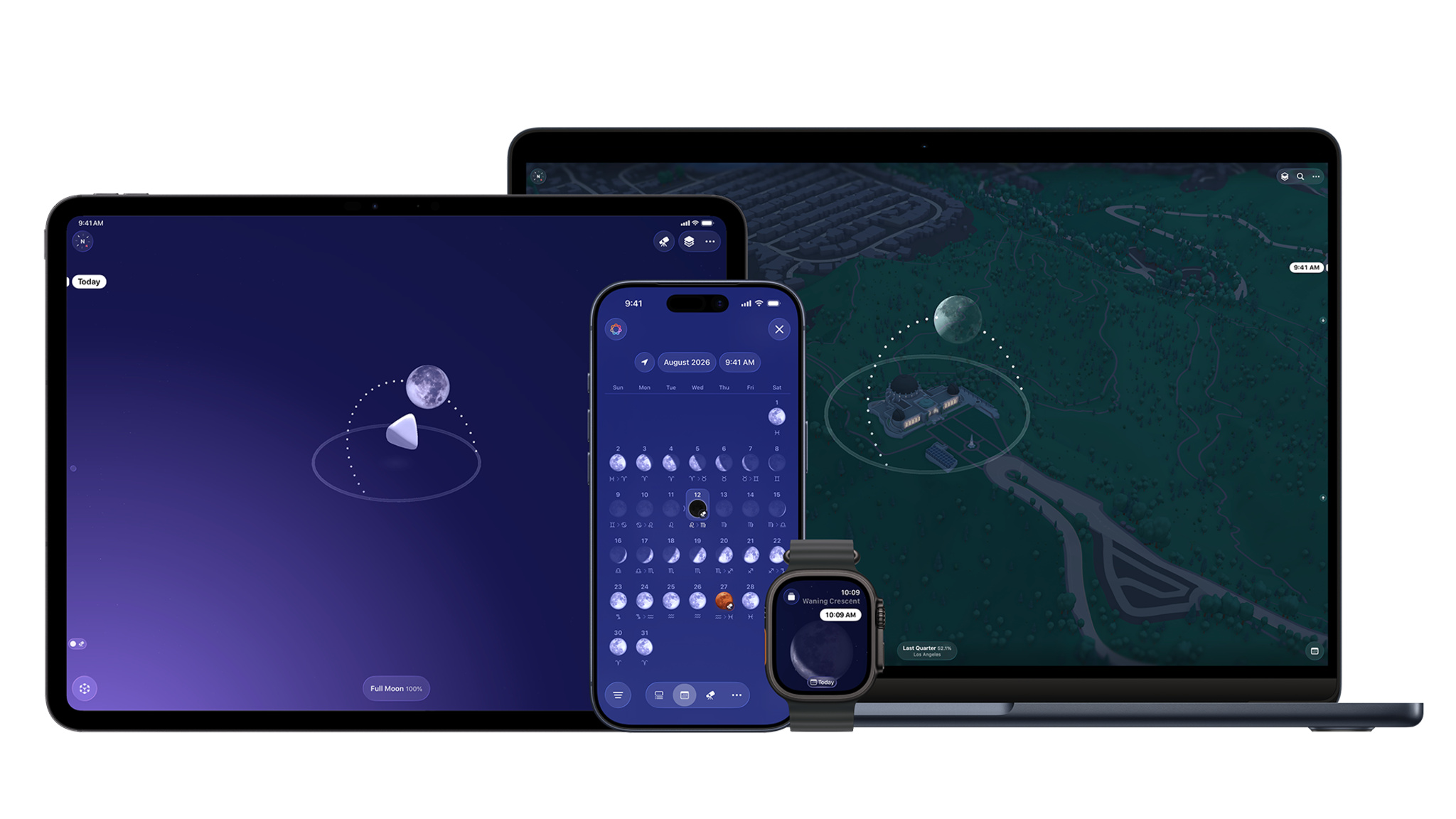 Four Apple devices — an iPad, iPhone, MacBook, and Apple Watch — are arranged together, each running a moon-tracking app. The iPad and MacBook display the orbital sky view and map view respectively, the iPhone shows a calendar of moon phases for August 2026 with icons for each day, and the Apple Watch face displays a Waning Crescent phase with the time 10:09 AM.