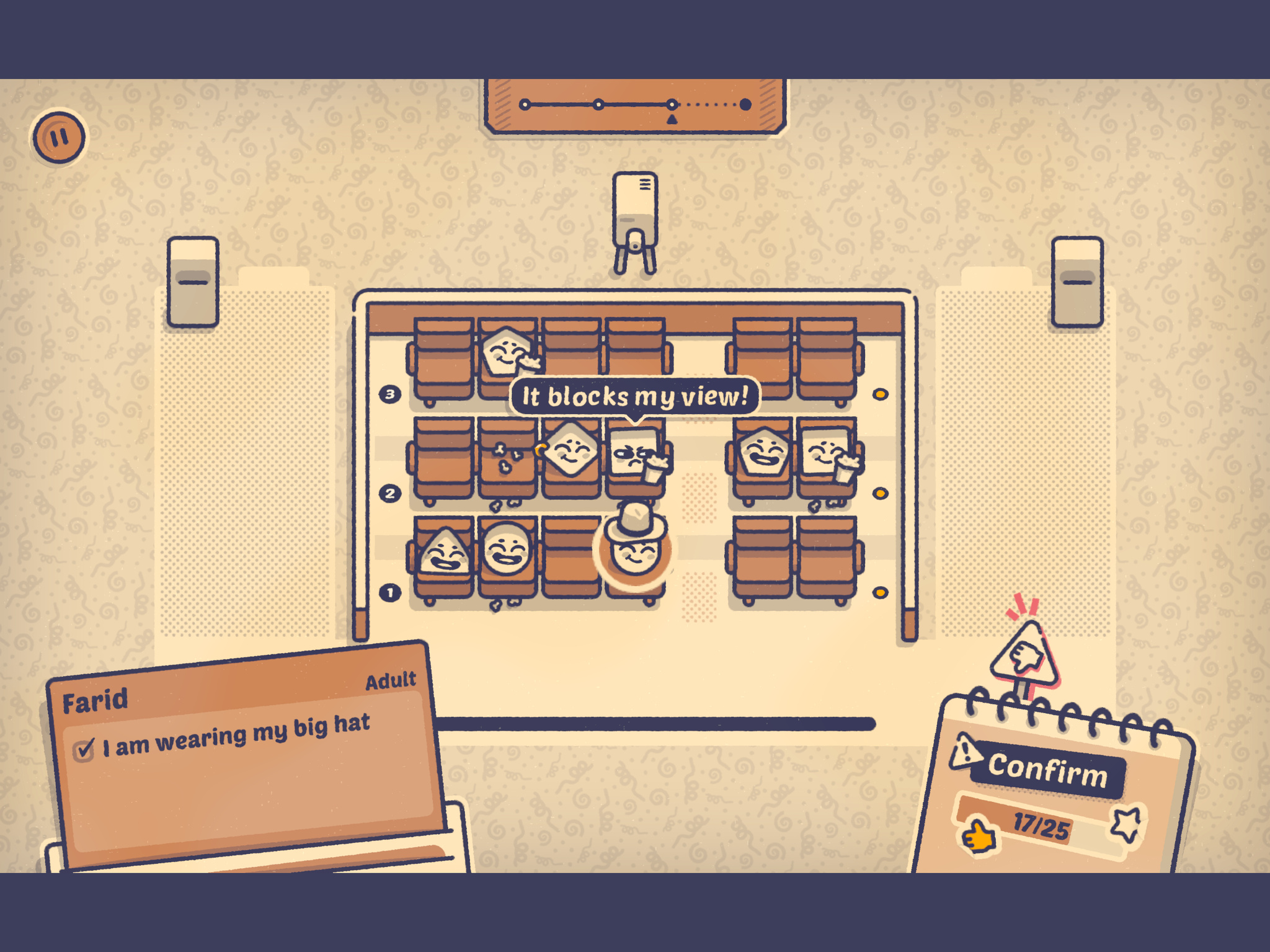 Gameplay screenshot of Is This Seat Taken?, top-down theater seating puzzle game. A character named Farid, wearing a large hat, sits in the middle of three rows of cartoon audience members.