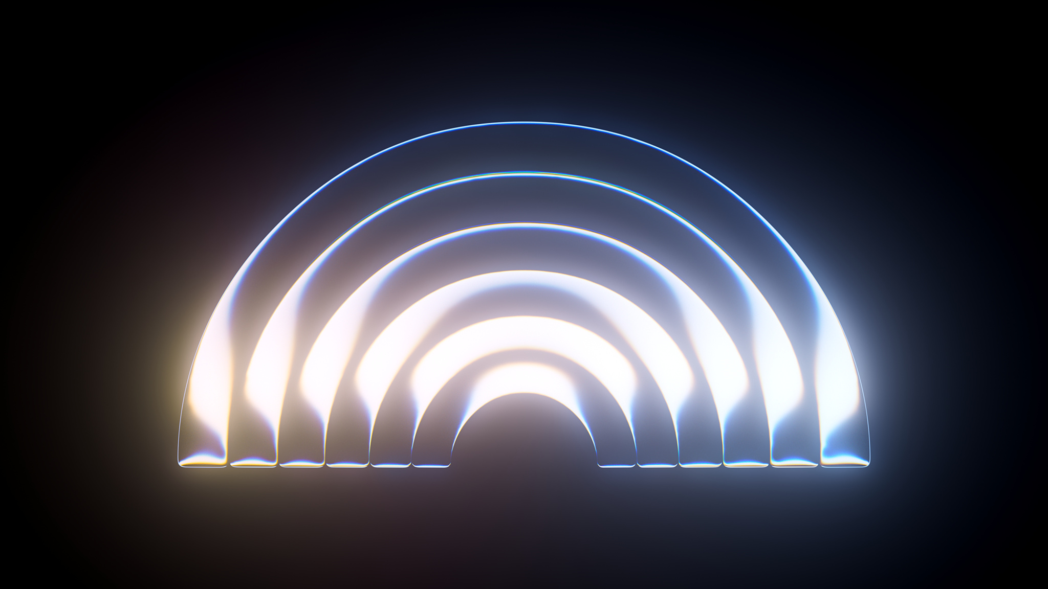 Apple rainbow rendered in a glowing, three-dimensional metallic style with white, blue, and amber light refractions — centered against a black background.