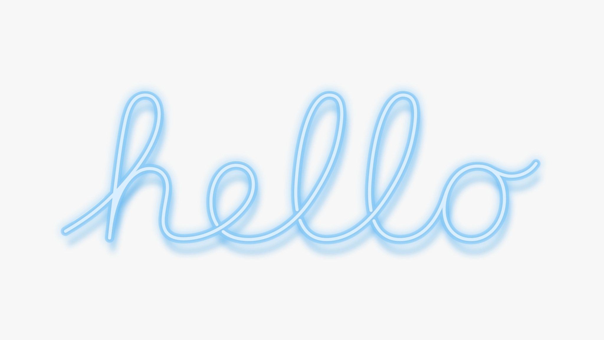 The word “Hello” in script in white text with a glowing blue outline.