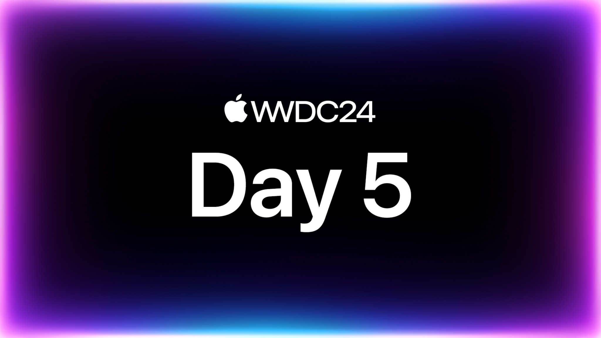 青と紫の光で縁取られた黒い背景上に配置されたテキスト「WWDC24：Day 5」。