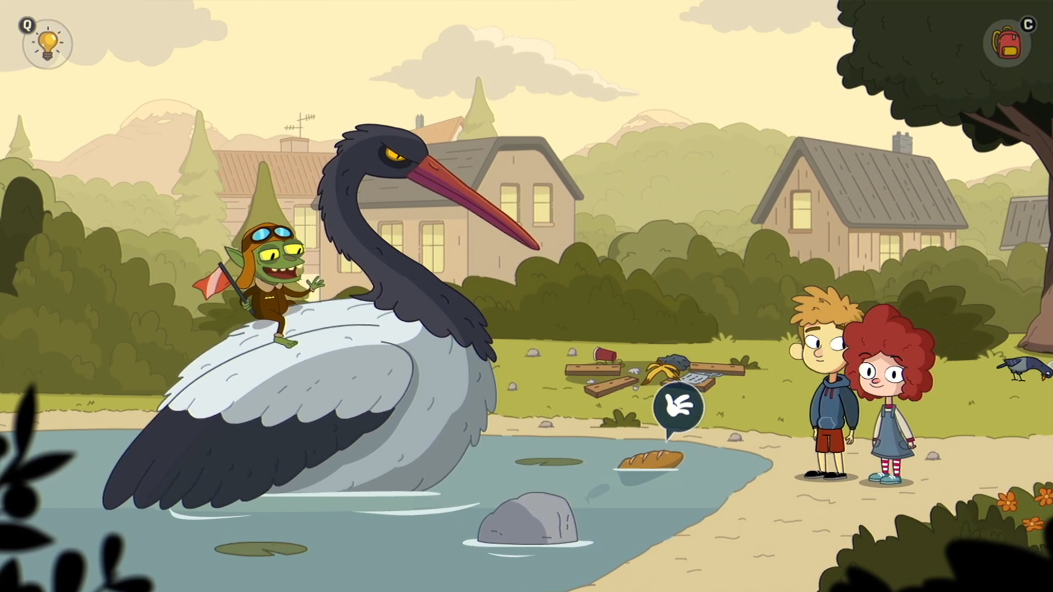 En una captura de pantalla animada de Lost in Play, un hermano y una hermana jóvenes están parados en el borde de un estanque hablando con un pequeño gnomo verde que está sentado en el lomo de un cisne gigante. 