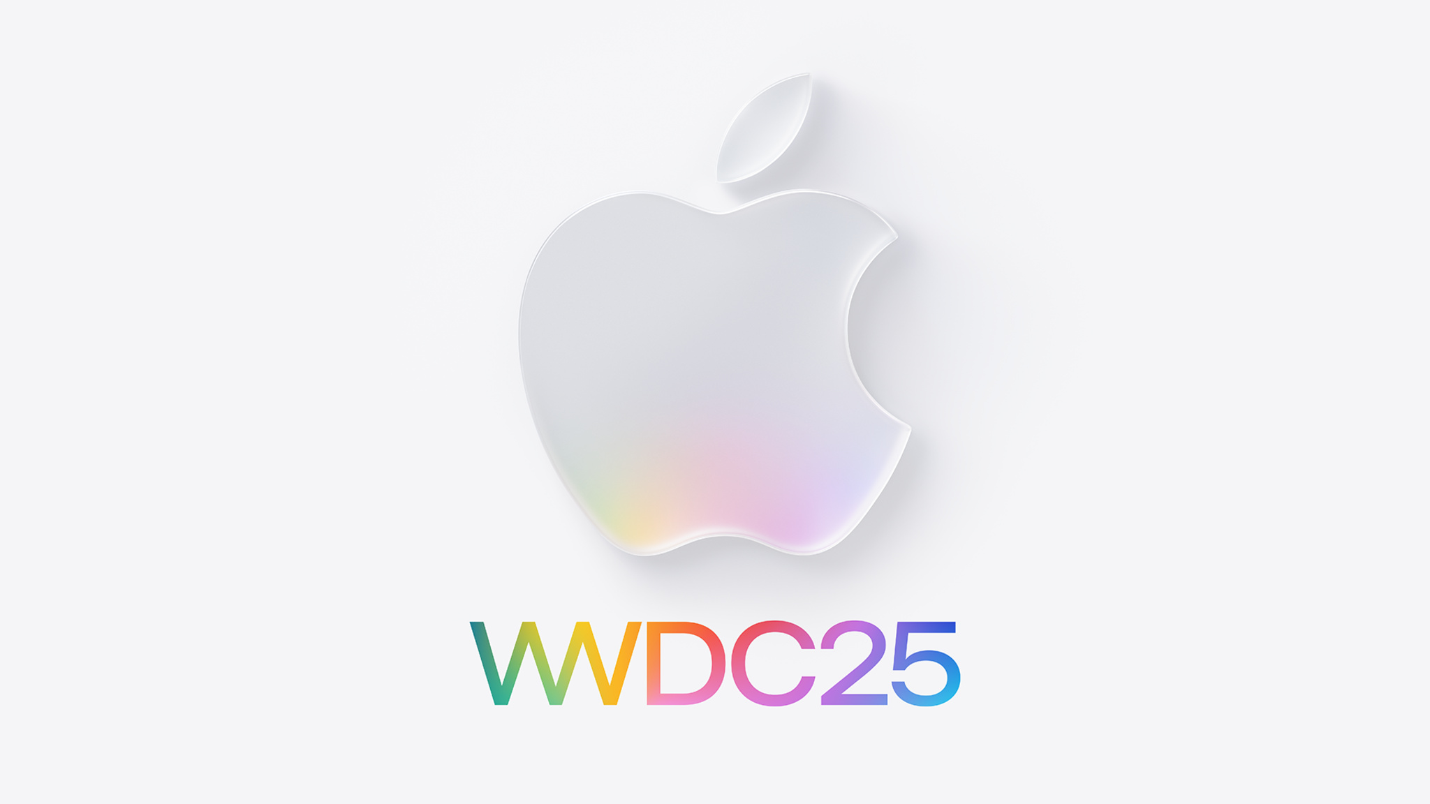 The Apple logo with rainbow highlights, set against a light gray background. Under the logo is "WWDC25" in a rainbow of colors.
