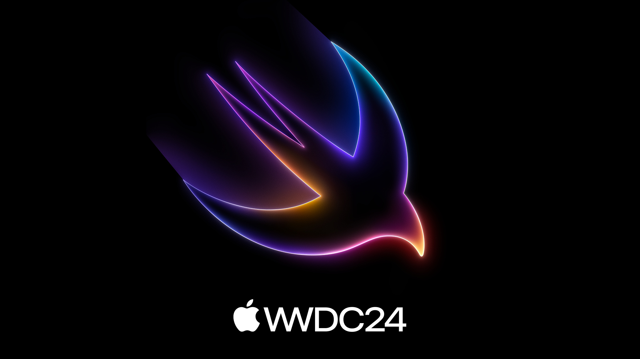 검은색 배경에 빨간색, 보라색, 파란색의 빛나는 그라디언트 효과가 적용된 ‘WWDC24’가 표시되어 있습니다.