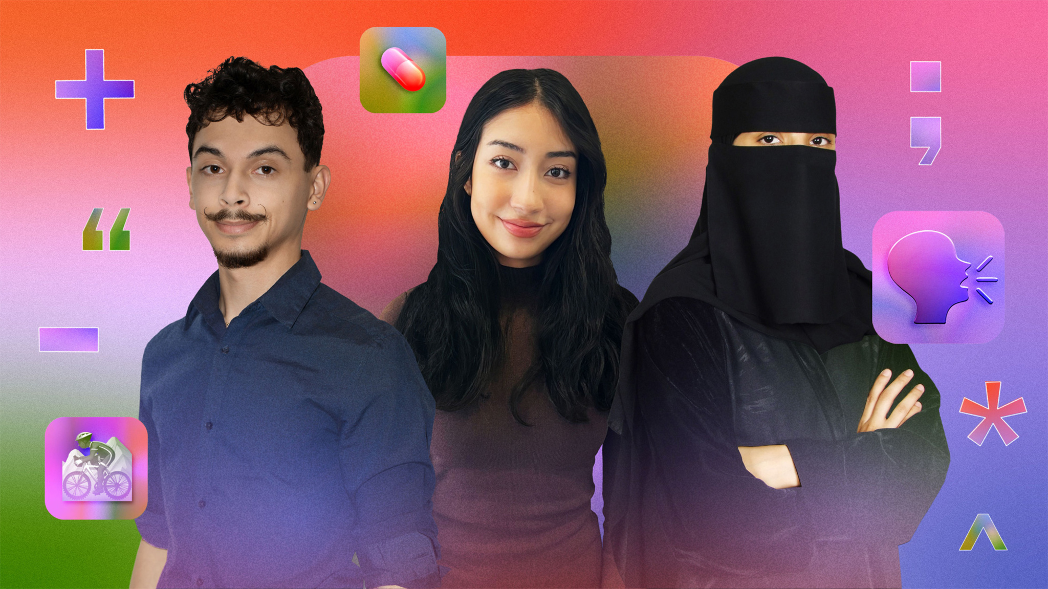 An image of Swift Student Challenge Distinguished Winners Elena Galluzzo, Dezmond Blair, and Jawaher Shaman, set against a colorful background and floating app icons.