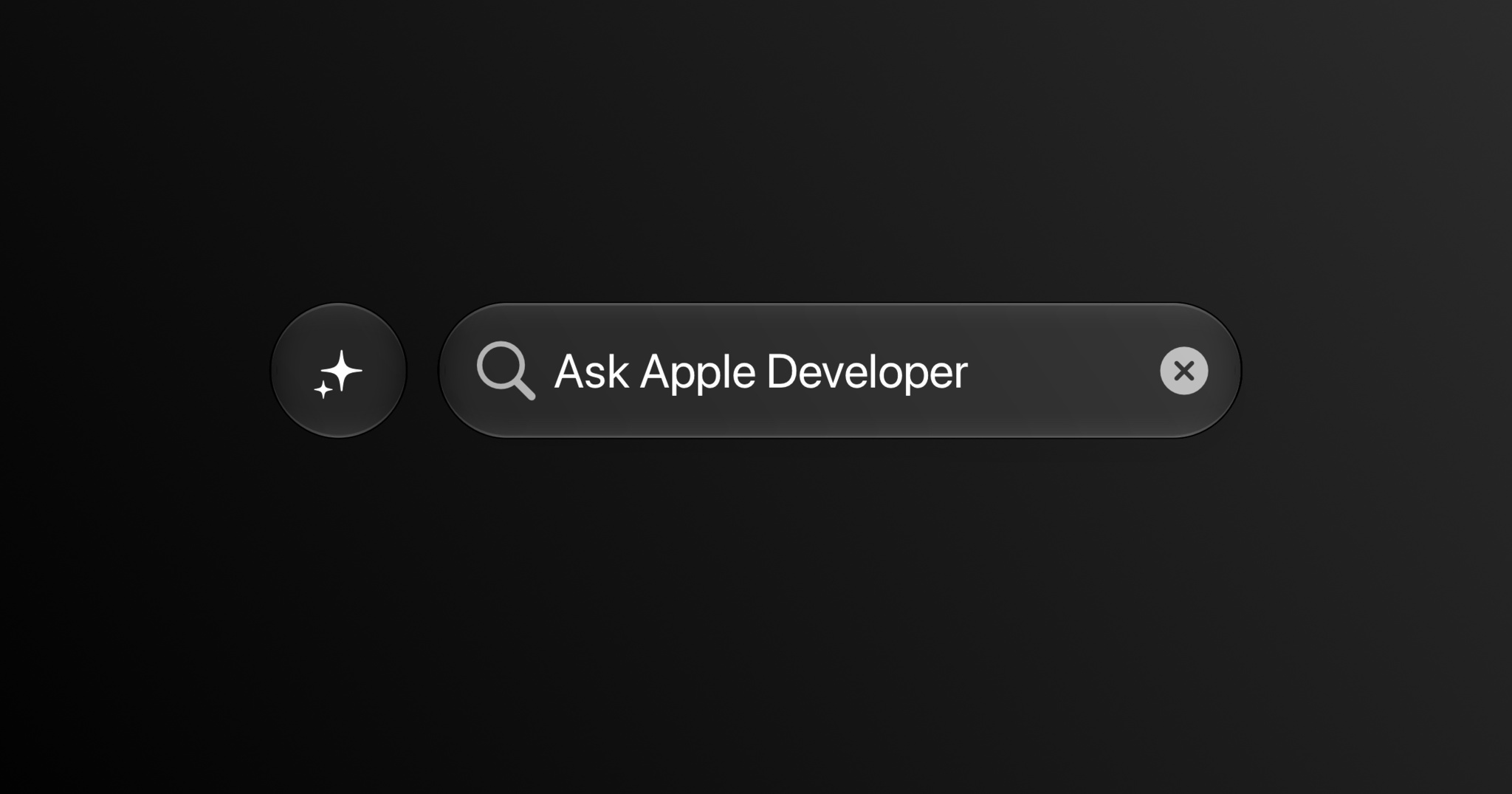 A minimalist dark mode user interface features a pill-shaped search bar containing the placeholder text "Ask Apple Developer" alongside a magnifying glass icon and a circular close button. To its left sits a circular action button containing a white multi-point sparkle icon, signifying an AI or generative search feature. The entire interface is centered against a clean, dark charcoal gradient background.