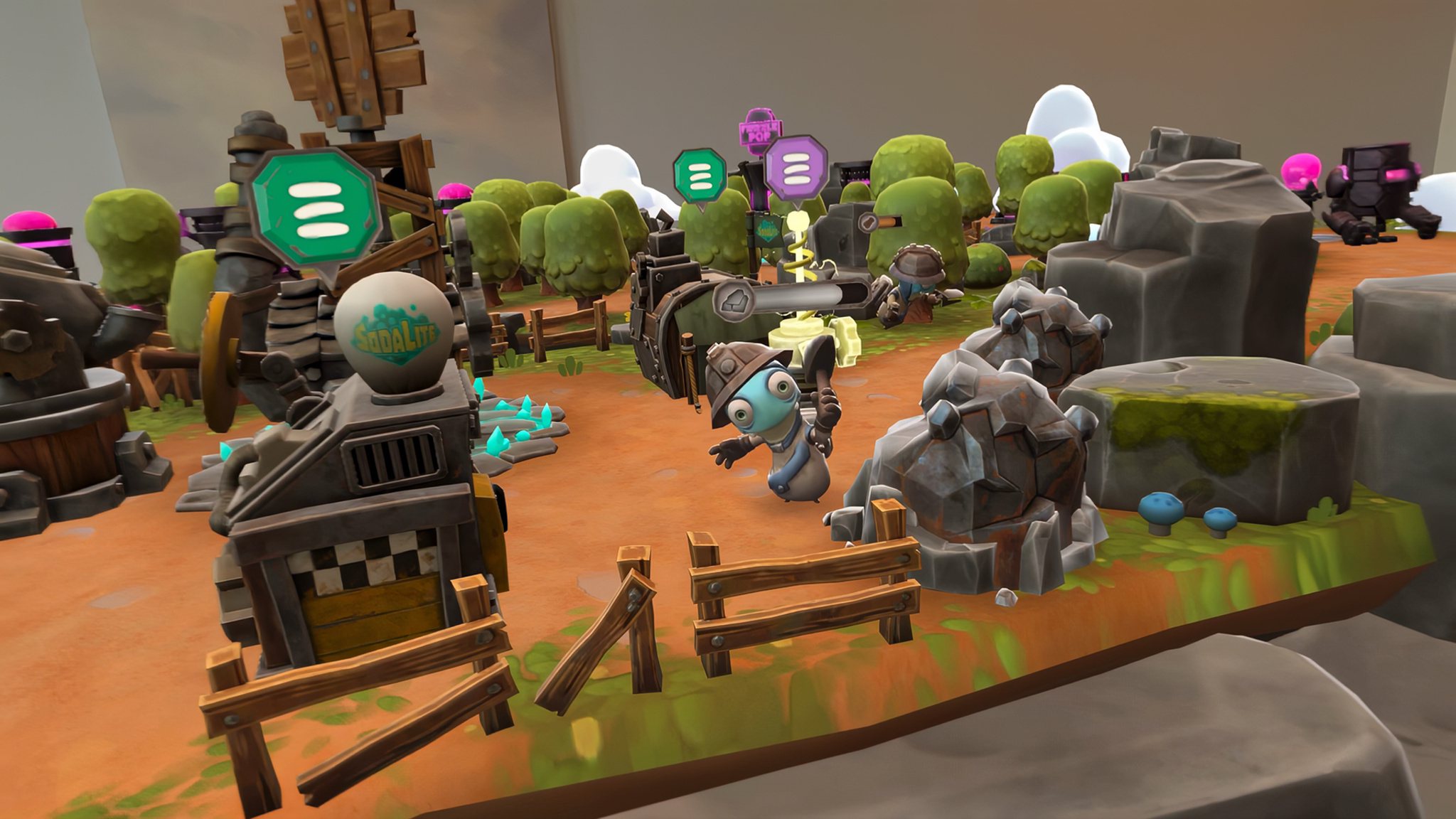 A Gears & Goo spatial game scene set inside a room, with the game world blending into the real-world floor and furniture visible through Apple Vision Pro passthrough. A player character runs toward the right side of the frame, where a large enemy is being consumed by a dramatic swirling vortex of purple and teal energy. Wooden cannons and a defensive tower with a green icon are positioned to the left.