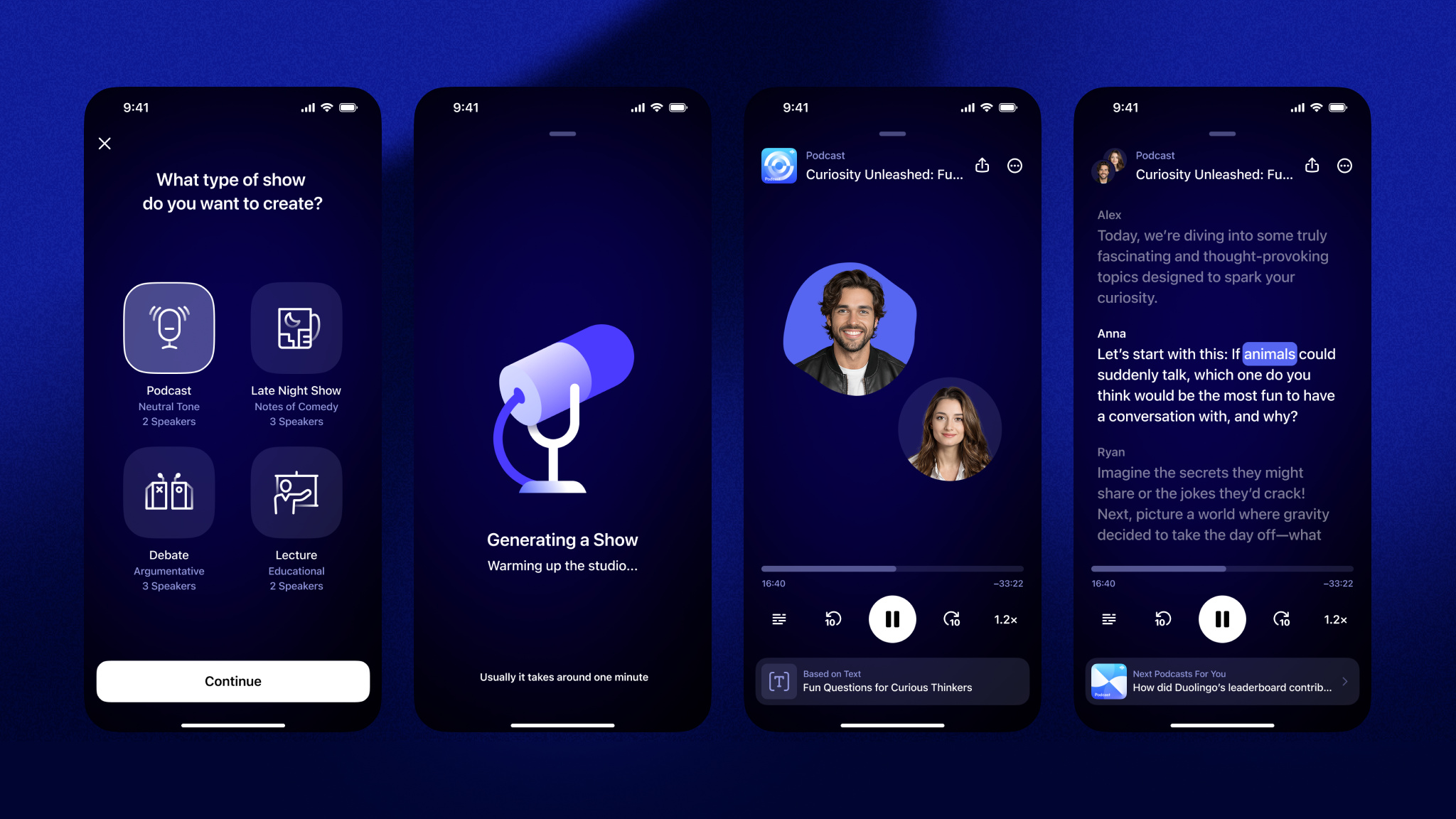 A series of four Speechify screenshots on iPhone, showing various parts of the the app’s ability to help people record and create podcasts.