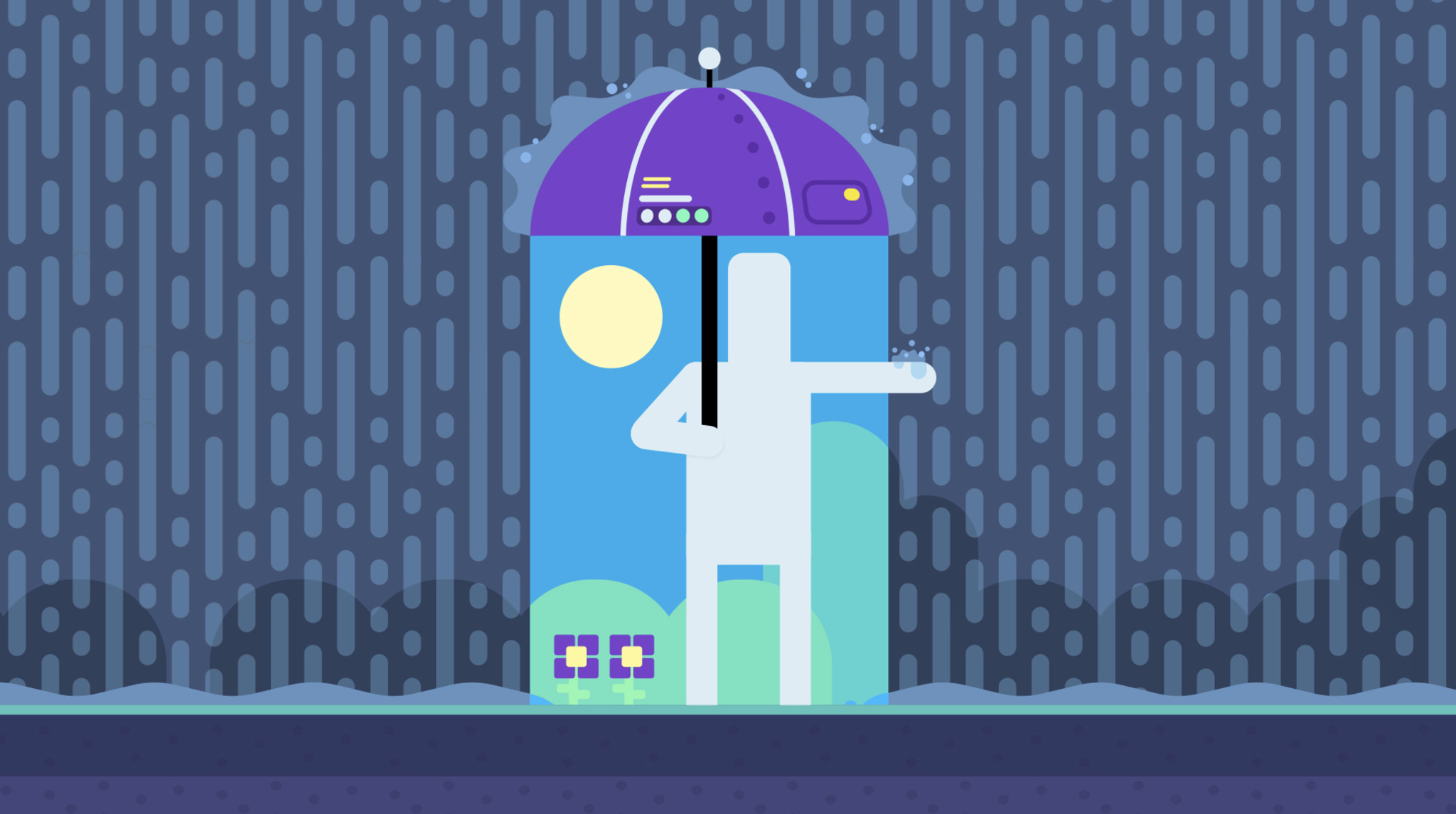 Vector image of stick figure holding computerized umbrella in rain