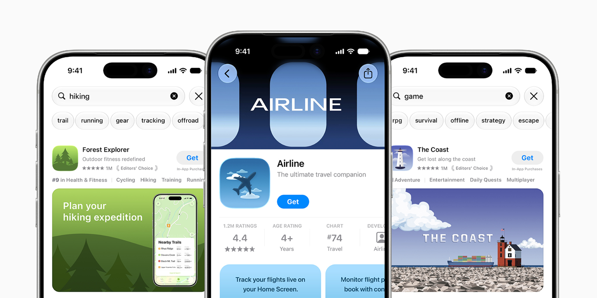 Three iPhone screens are displayed side-by-side, each showcasing a different app product page from the App Store. From left to right, the featured apps are Forest Explorer, Airline, and The Coast, with each displaying its unique icon, header artwork, ratings, and a blue "Get" button. The screens highlight various user interface elements such as app ratings, developer names, and promotional banners.