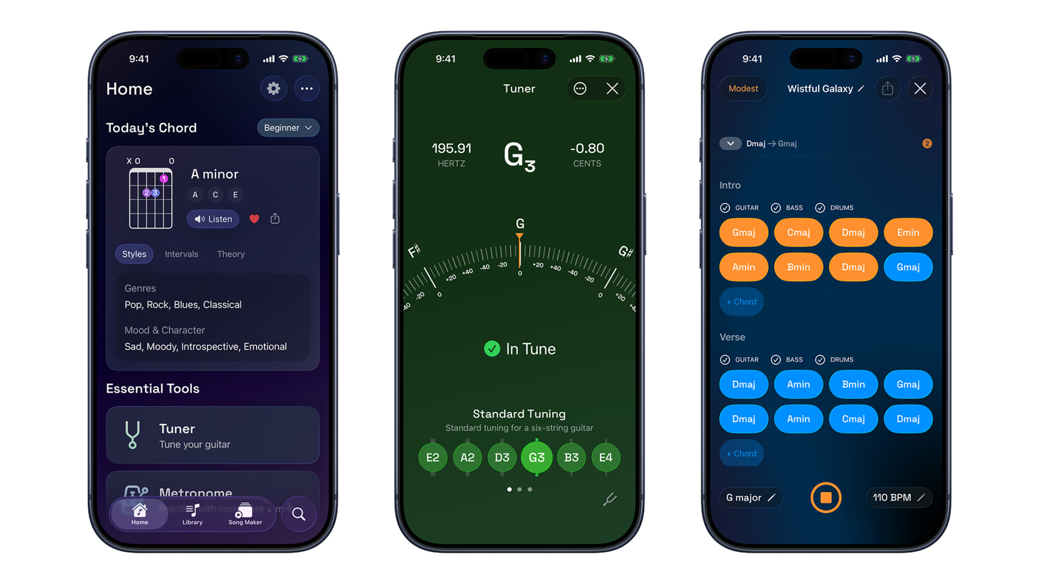 Three screenshots of Guitar Wiz showing a Home screen with Today's Chord (A minor) and music theory details, a chromatic tuner displaying G3 in tune with standard tuning string indicators, and a Song Maker screen with a chord progression arranged into Intro and Verse sections.