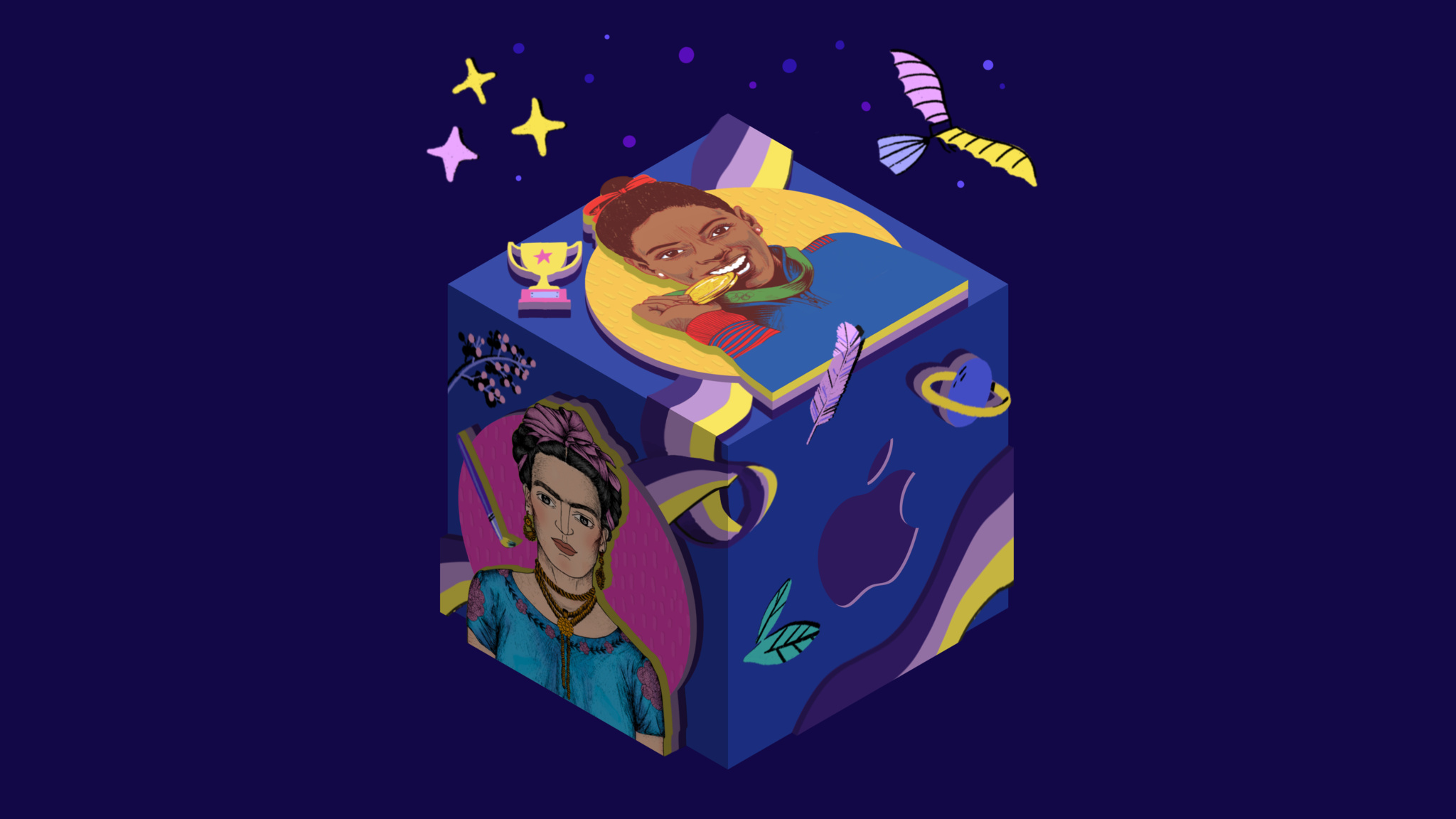 A cube depicting Simone Biles and Frida Khalo, apple logo on the side