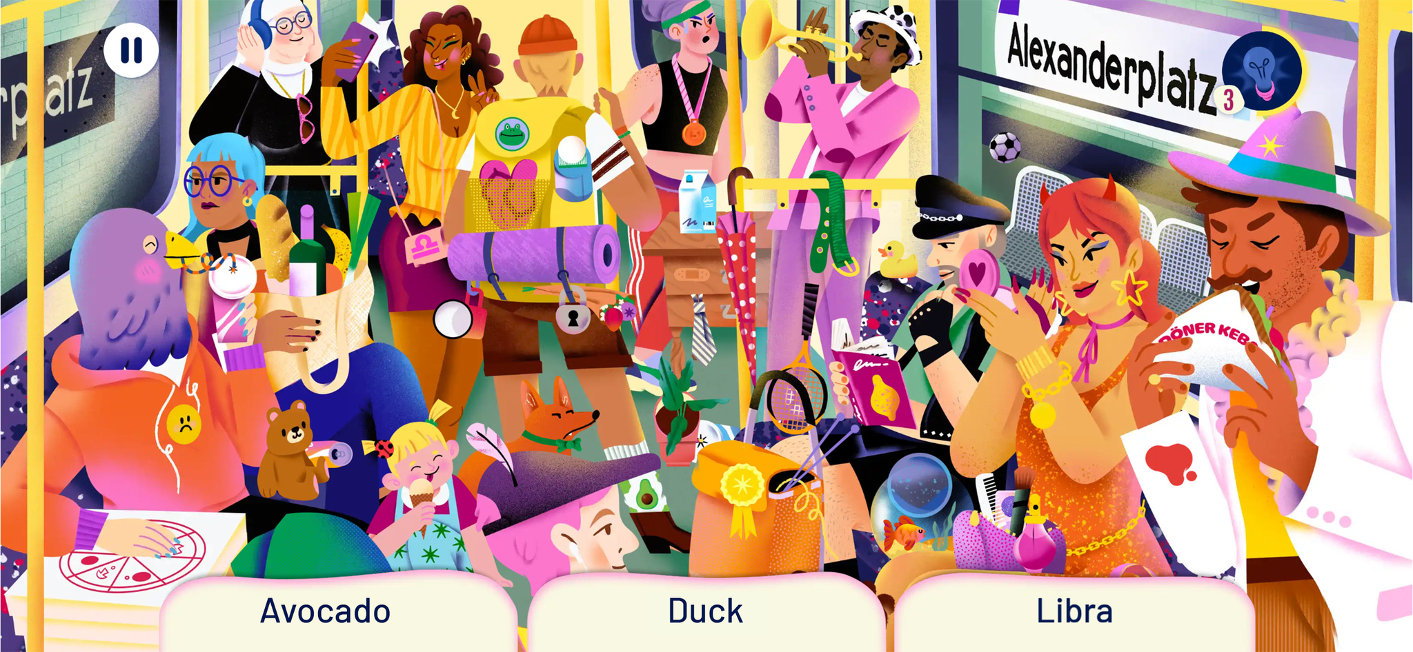 Hannah sits on a subway train populated with all manner of people and objects in a very busy and colorful hidden-object scene in Finding Hannah.