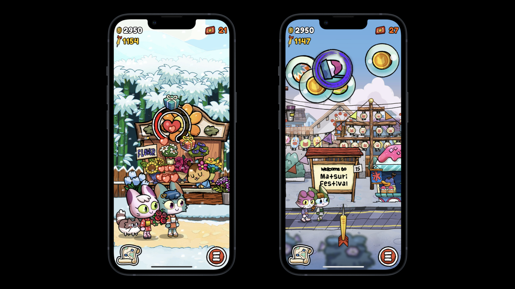 Two screenshots from Kimono Cats show the main gameplay screens, which involve two cartoon cats in a colorful Japanese cartoon festival setting.