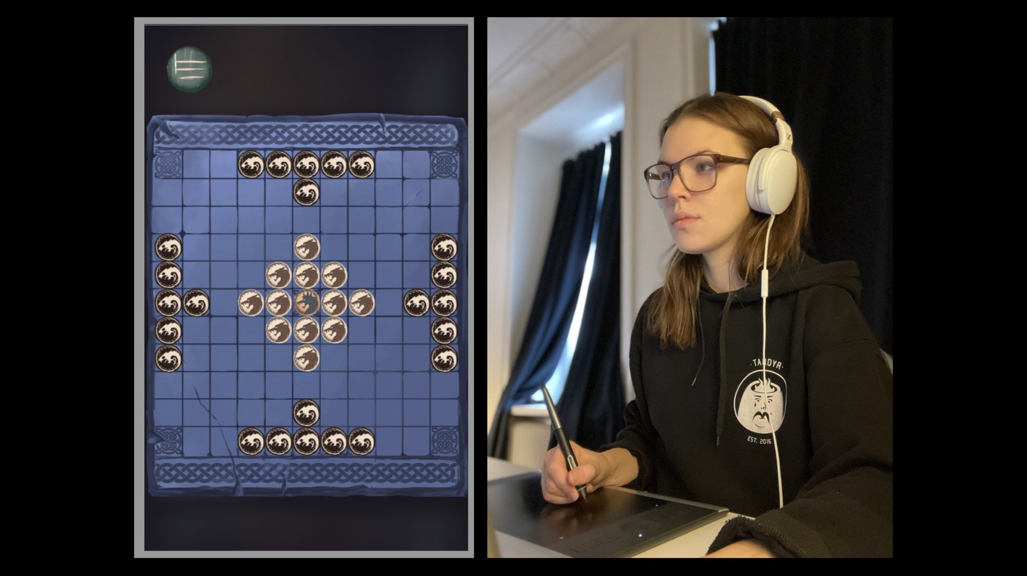 A collage showing a photo of the Stockholm-based artist Albina Lind and her early prototypes for the game Hnefatafl. The prototype shows the beige and black game pieces set on a dark blue board. 