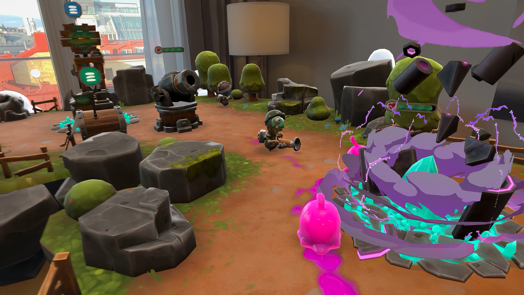 A close-up ground-level view of a Gears & Goo battlefield shows a wide-eyed cartoon gecko-like character sprinting toward the camera, mid-run with an anxious expression. Behind the character, a large mechanical cannon sits mounted on a wheeled platform, while towers, trees, rocks, and distant enemy robots fill out a bustling, colorful game world.