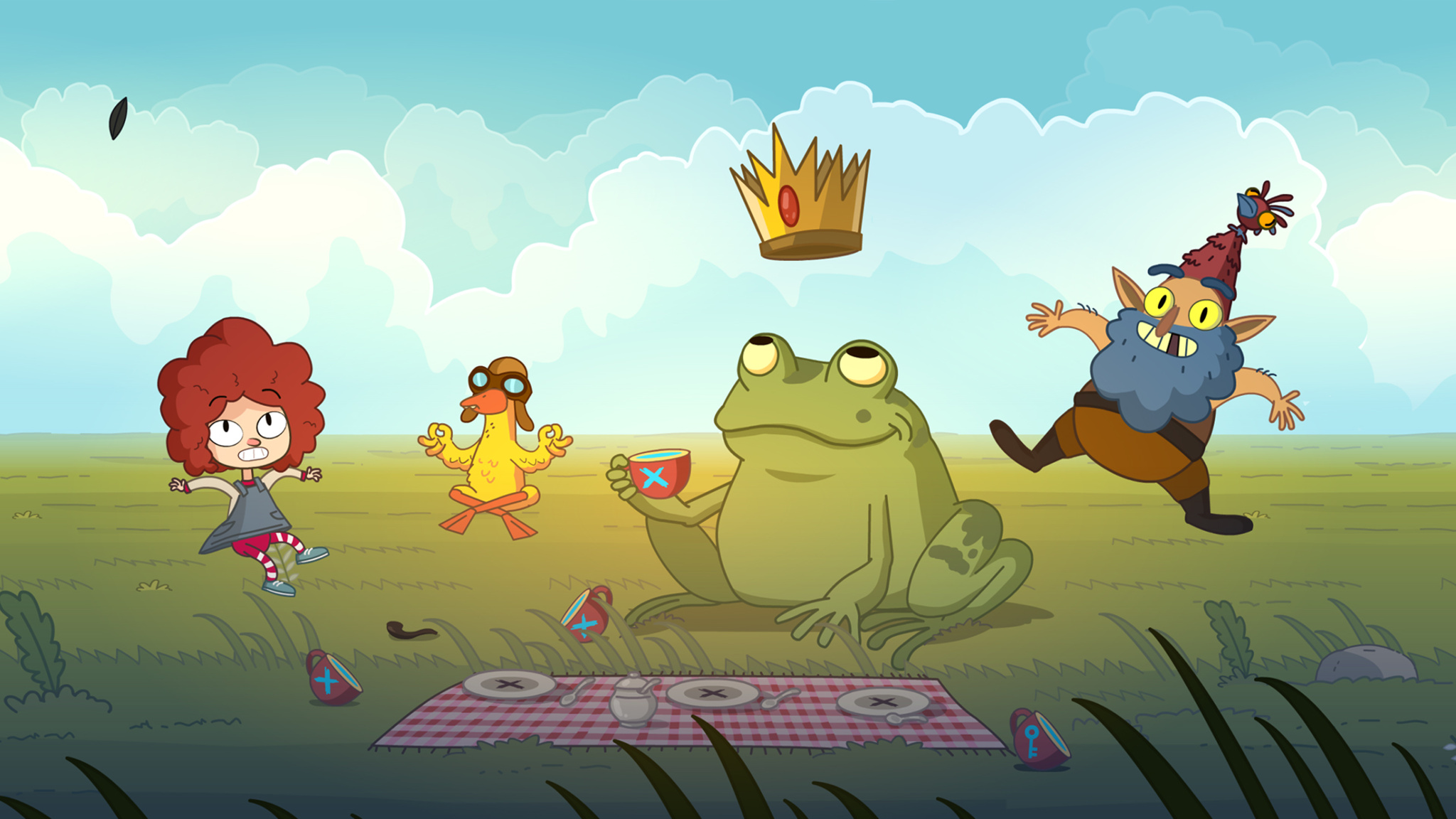 Four animated characters from Lost in Play — a young girl named Gal, a duck wearing pilot's goggles, a large frog holding a mug of tea, and a gnome with a bushy beard — float above a picnic blanket in a green field.