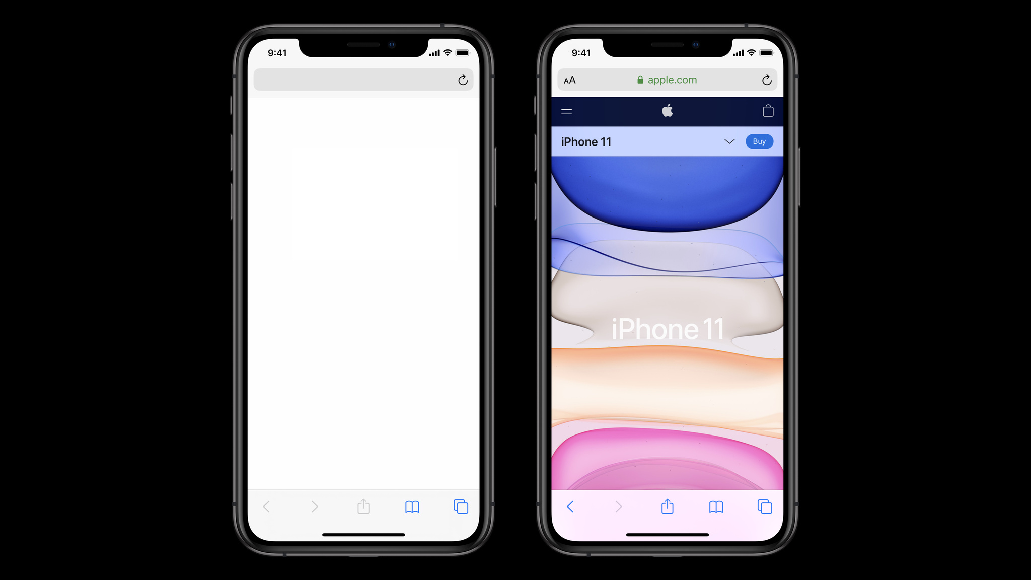 Two iPhone screens side by side displaying the launch screen and the full interface of Safari