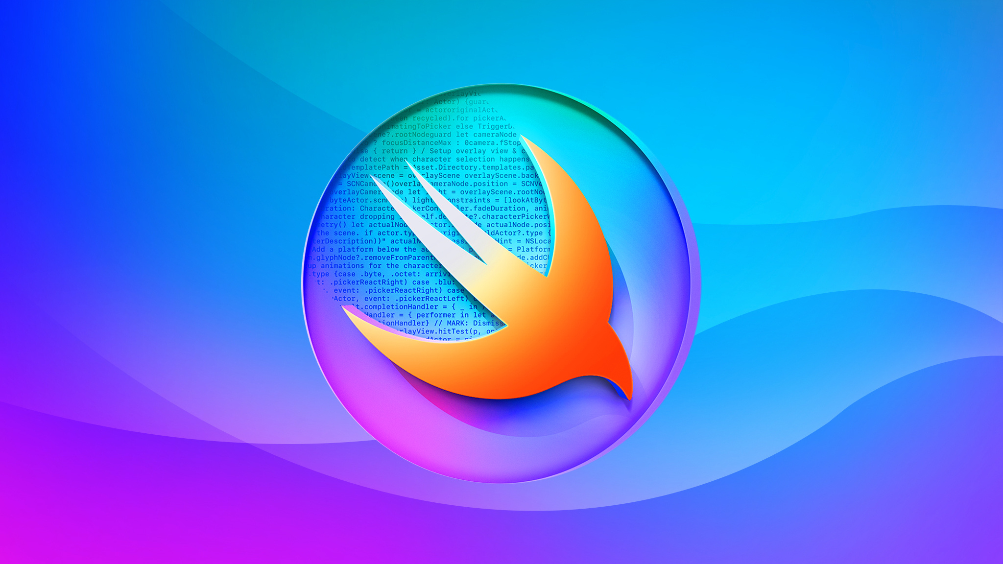 Swift bird logo on a colorful background with decorative code.