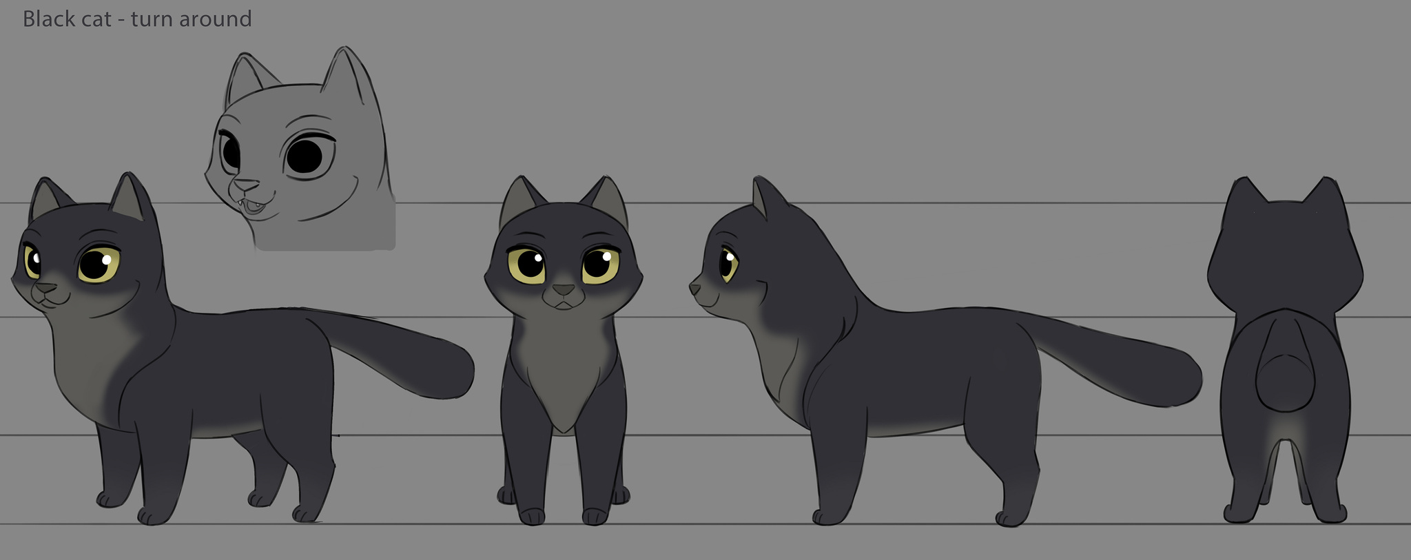 A series of sketches of early versions of the game’s cat.