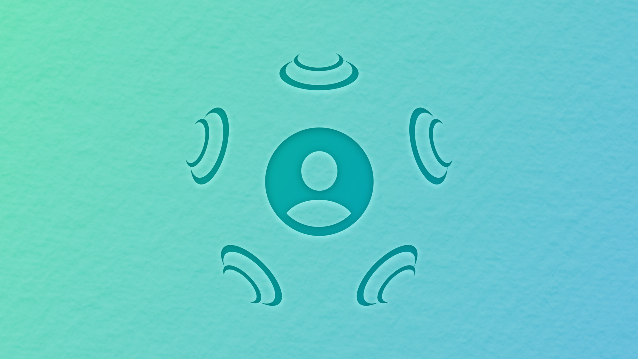 Person SF Symbol surrounded by speaker SF Symbols on a blue-green textured background 