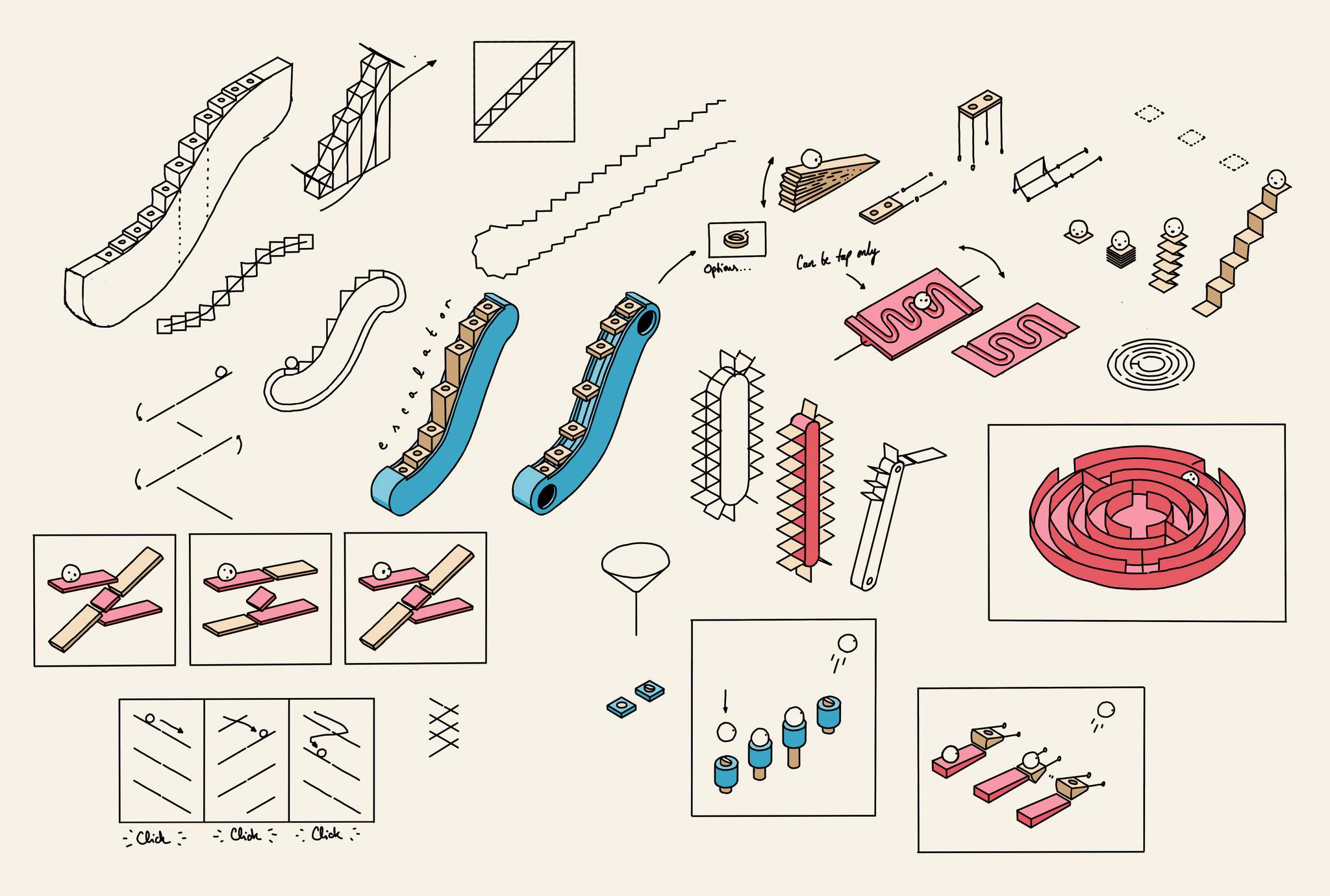 An early sketch of the ramps, mazes, and machines that combine to create the puzzles in Automatoys.